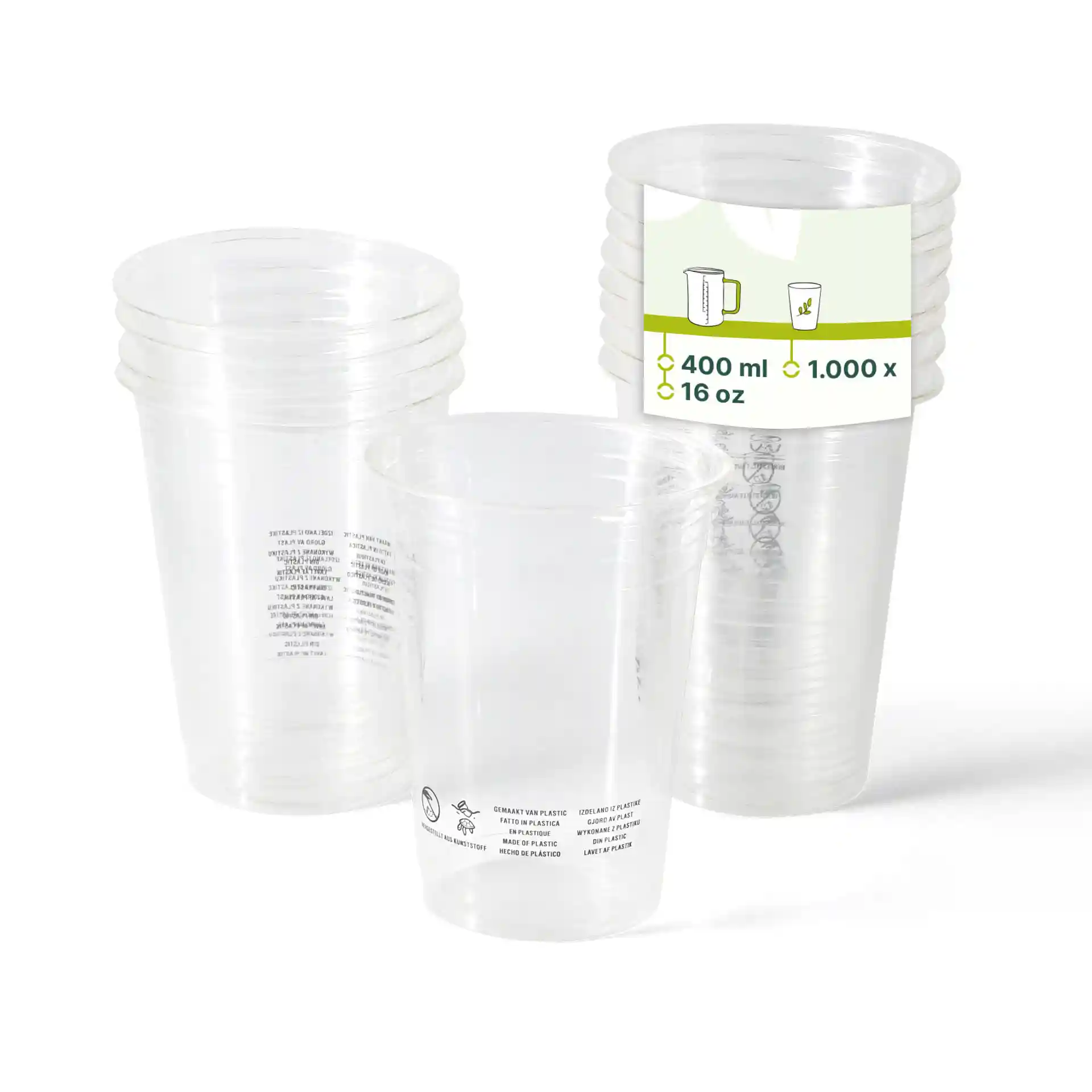Klare PLA-Plastikbecher gestapelt, mit einem Etikett, das eine Kapazität von 400 ml und 16 oz zeigt, mit bedruckten Markierungen auf der Oberfläche.