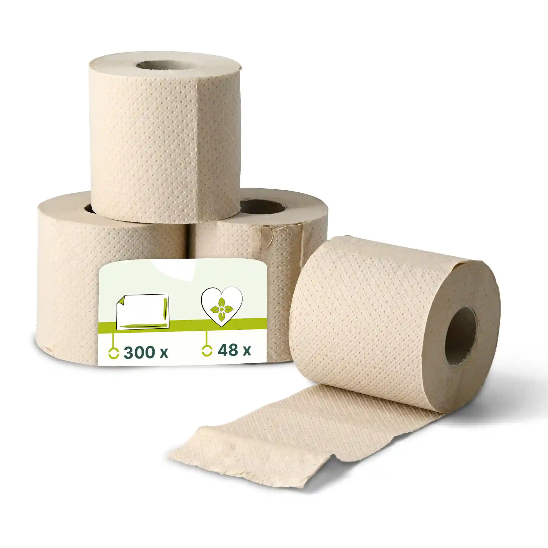 Rouleaux de papier toilette brun à 2 plis en papier recyclé, avec 300 feuilles par rouleau, présentés avec une étiquette.