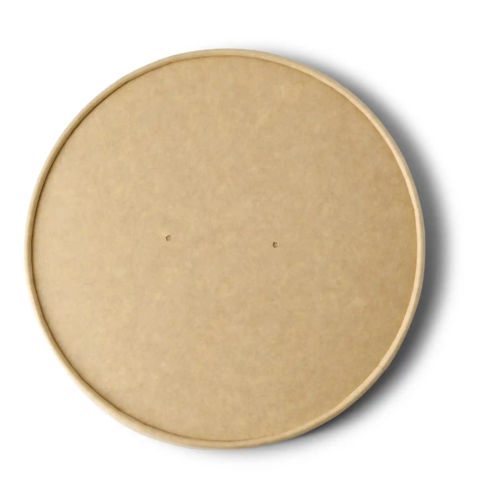Coperchio rotondo in cartone marrone con un diametro di 185 mm, con due piccoli fori sulla superficie.