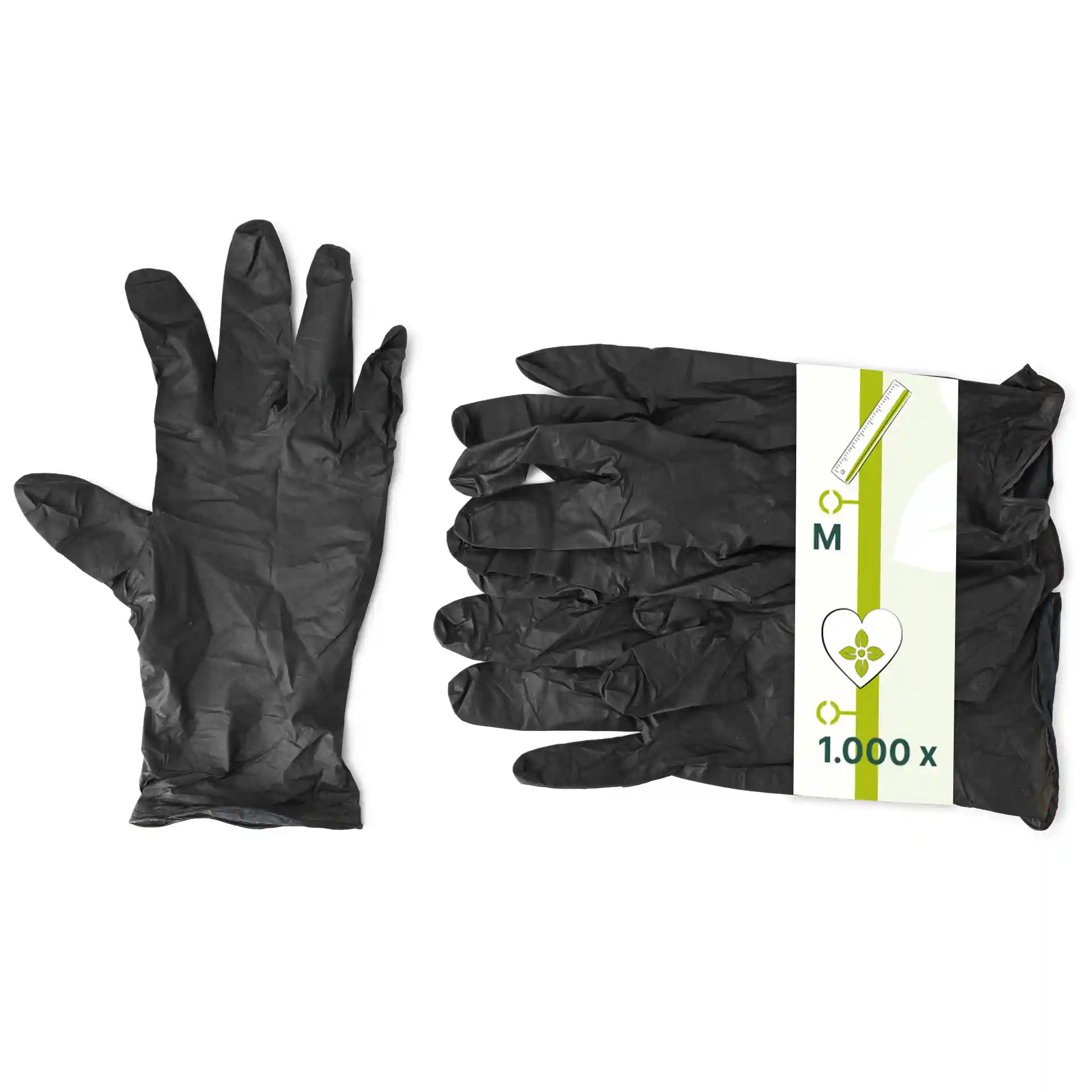 Gants en nitrile noirs taille M, un gant montré et plusieurs pliés dans un paquet.
