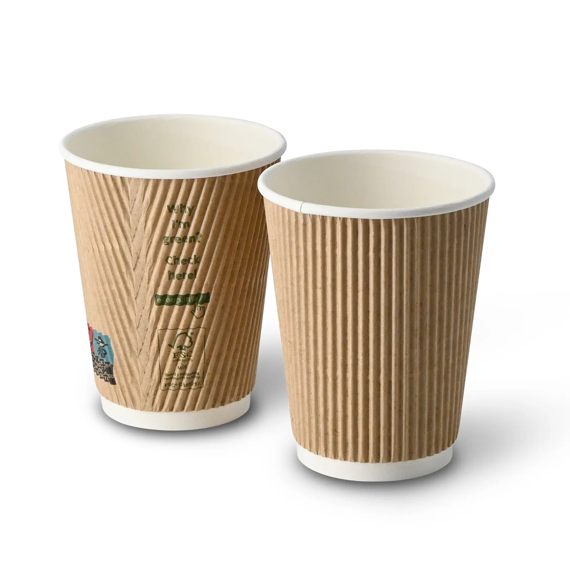 Deux tasses à café isolées de 12 oz, extérieur marron et intérieur blanc, adaptées aux boissons chaudes, affichées ensemble.