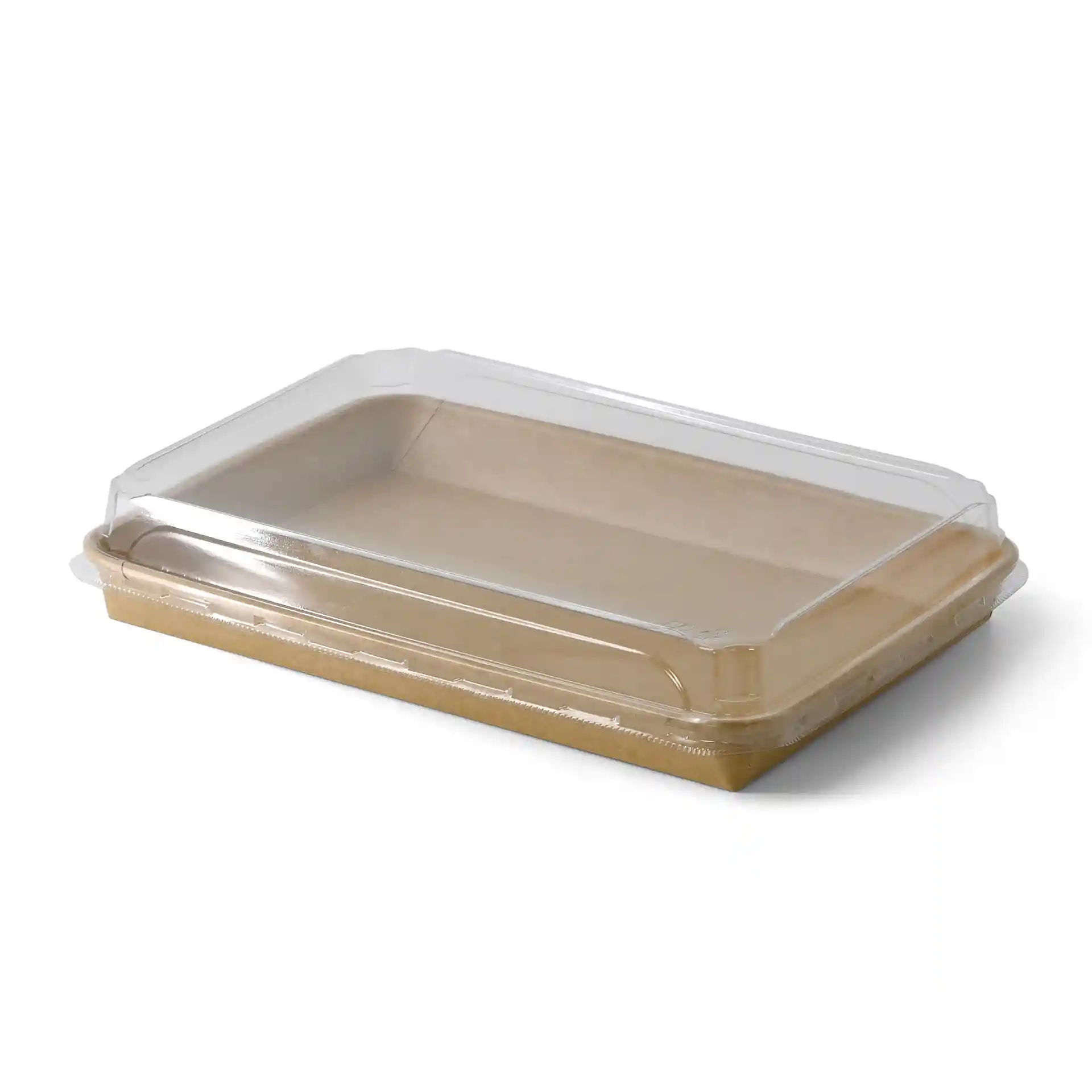 Braune Sushi-Box mit klarem Deckel, 25,5 x 18 x 3 cm, aus PE-beschichtetem Material.