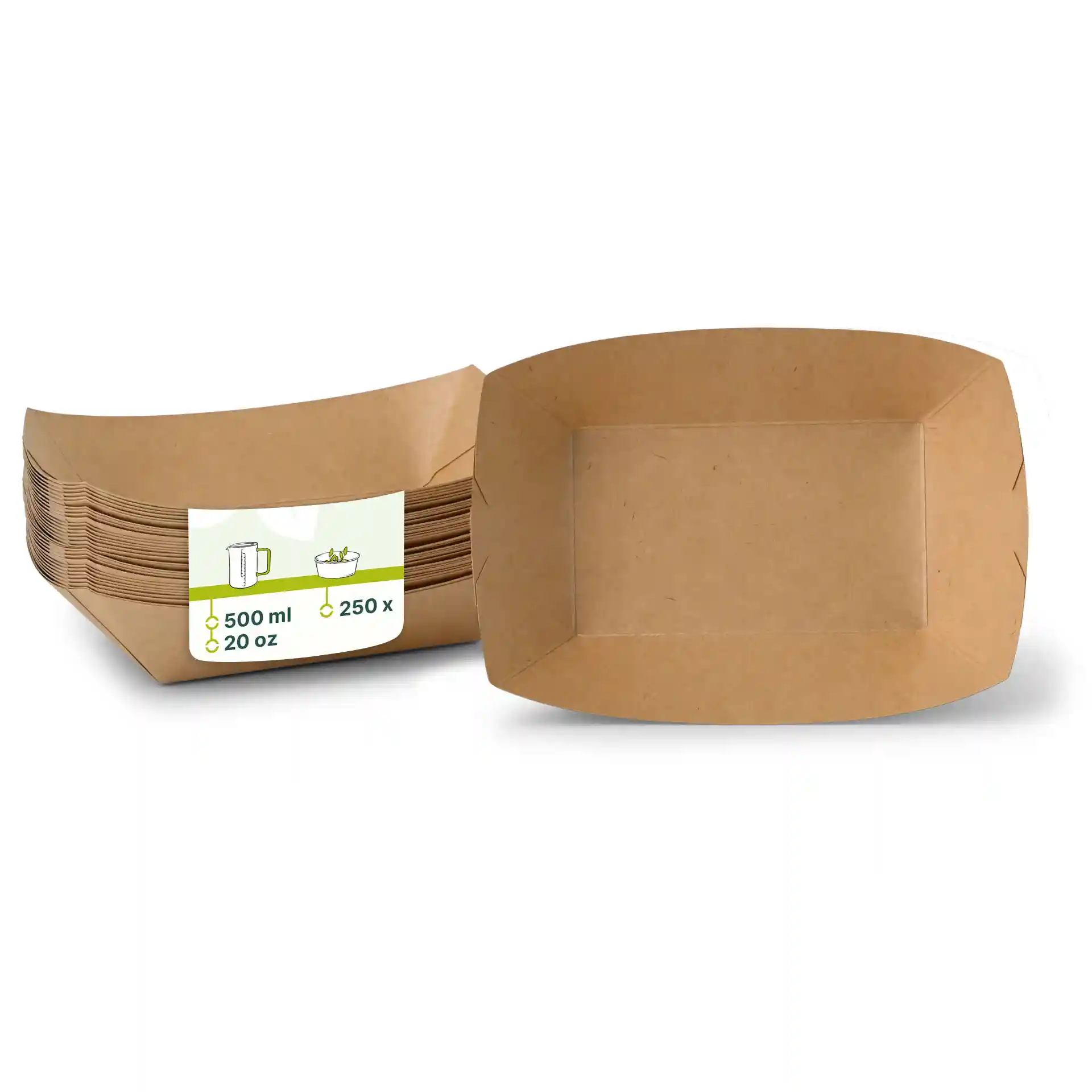 Ciotole per snack in cartone marrone di forma rettangolare, con etichetta che mostra una capacità di 500 ml e dimensioni di 19,5 x 14 x 4,5 cm.