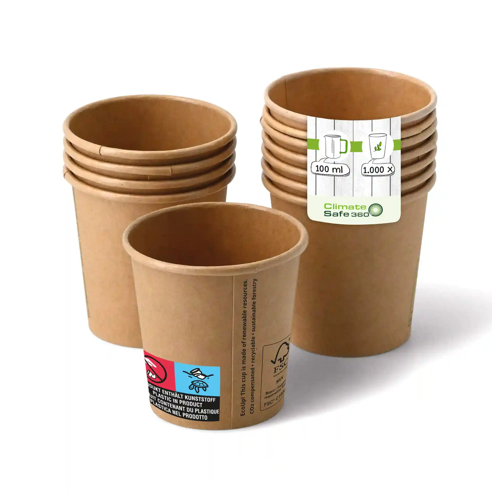 Bicchieri di carta marroni impilati, con un bicchiere davanti che mostra un'etichetta e un volume totale di 100 ml.