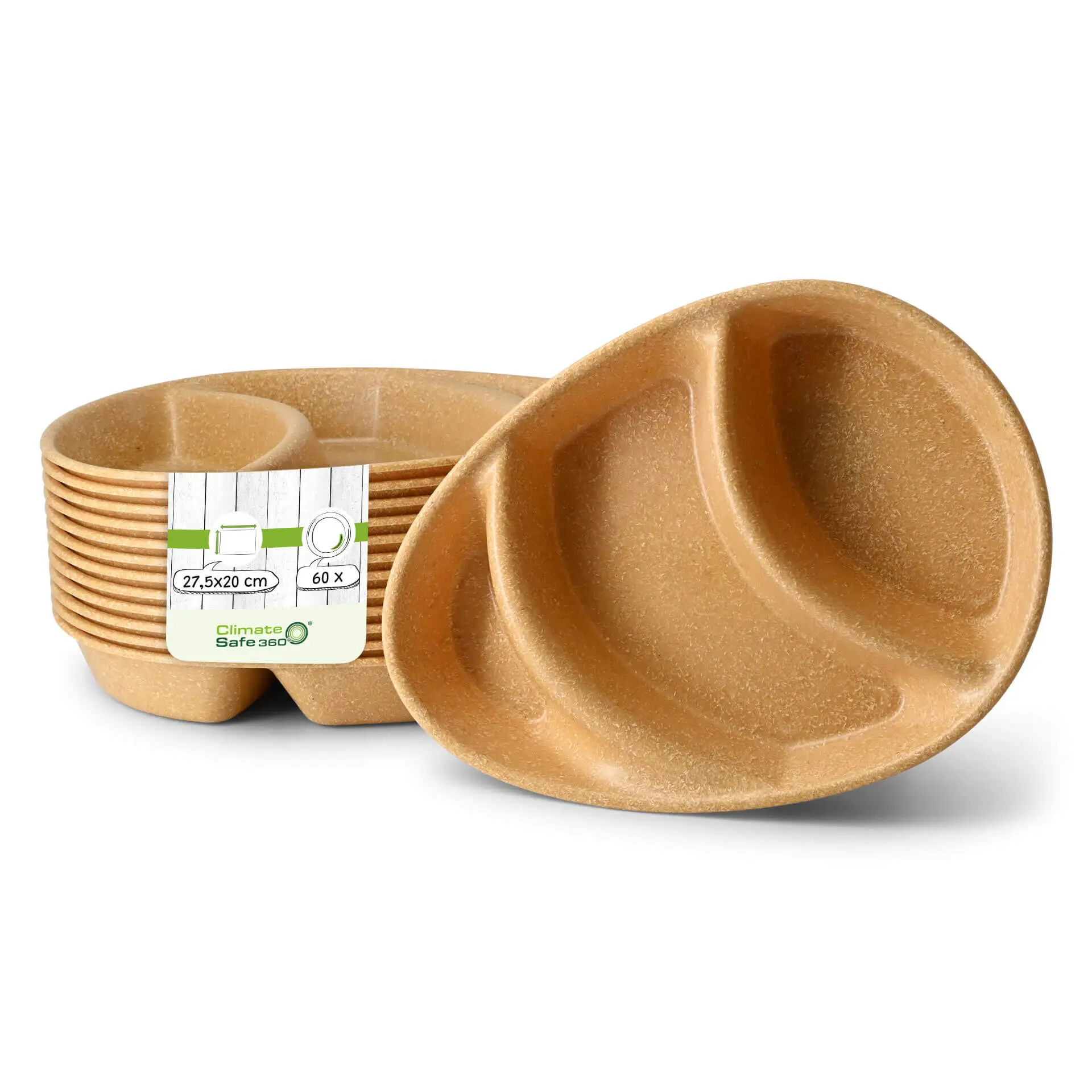 | 2 FÜR 1 | Mehrweg-Menü-Teller "merways Plate" 27,5 x 20 x 3,5 cm, 3 Kammern, tropfenförmig, Karamell / braun