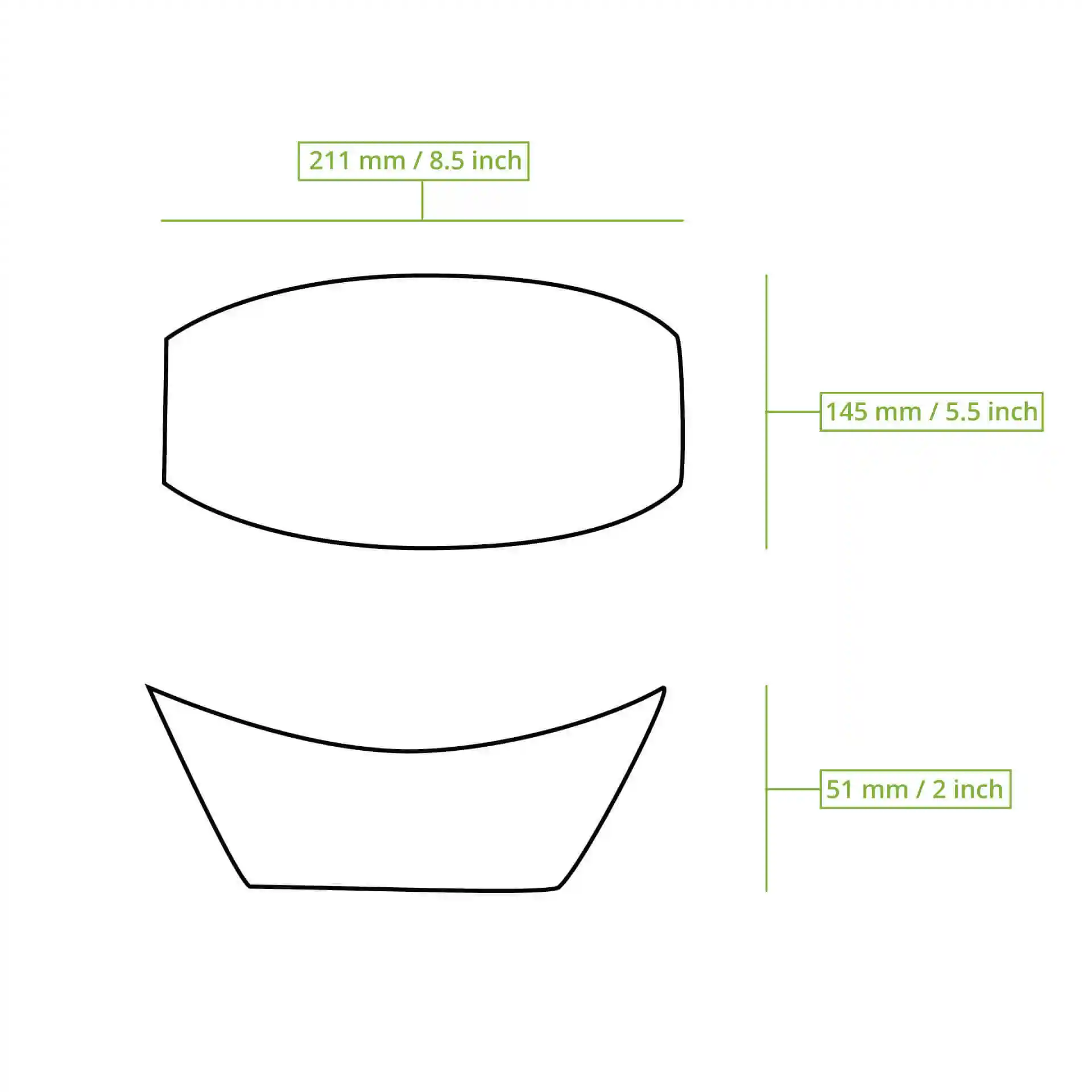 Disegno schematico di un vassoio rettangolare con dimensioni di 211 mm per 145 mm e un'altezza di 51 mm.
