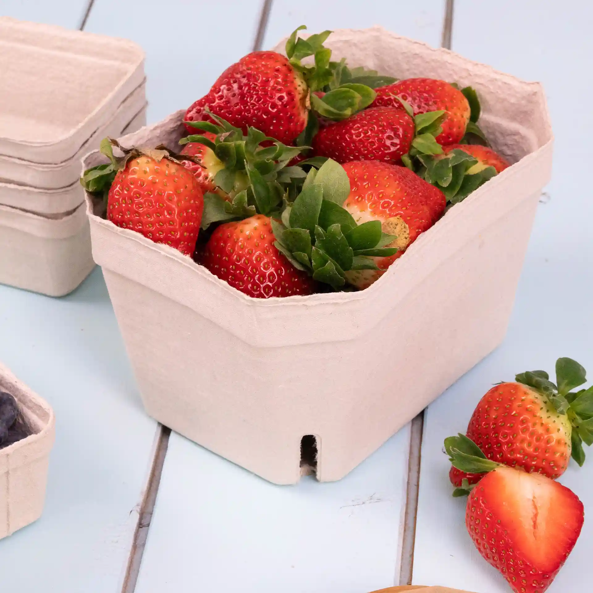 Conteneur en pulpe de bois contenant plusieurs fraises, avec d'autres conteneurs vides en arrière-plan.
