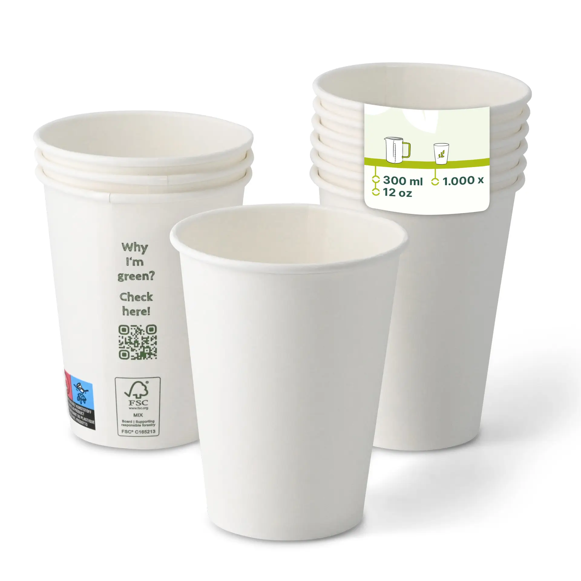 Gobelet en carton 300 ml / 12 oz, Ø 90 mm, simple paroi, blanc, revêtu de PLA
