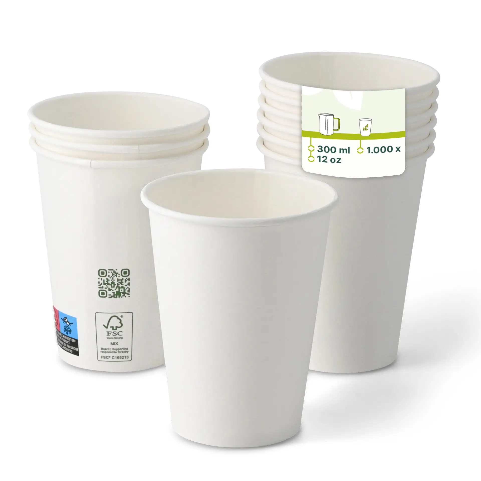 Pappbecher 300 ml / 12 oz, Ø 90 mm, einwandig, weiss, PLA-beschichtet