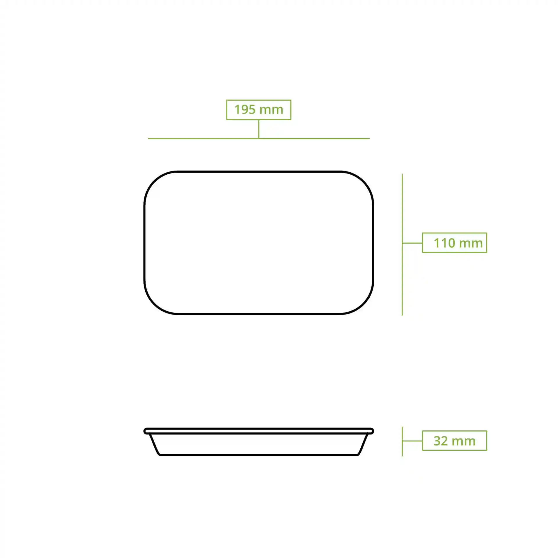 Disegno schematico di un vassoio in carta ovale con dimensioni di 195 mm per 110 mm e altezza di 32 mm.