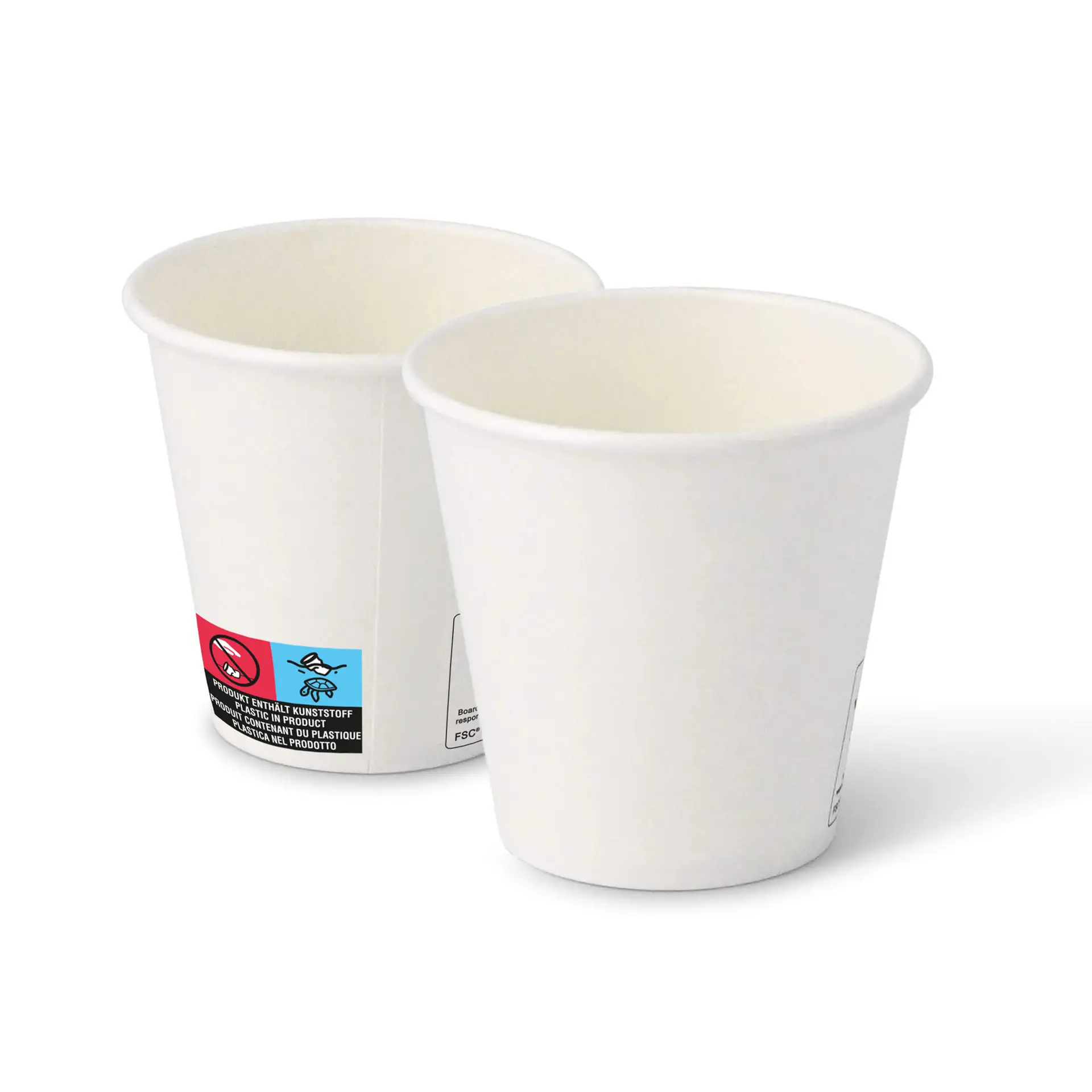 Deux gobelets en papier blancs de forme ronde, montrant des vues intérieures et extérieures, sur un fond uni.