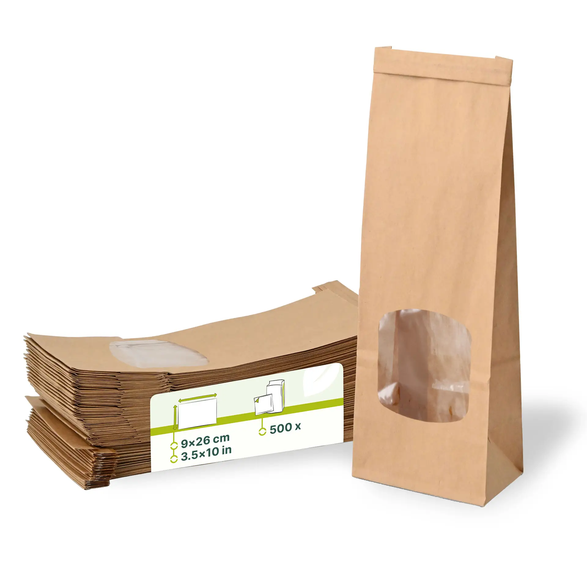 Blockbeutel m. Fenster S, 9 x 4,5 x 26 cm, PP-Folie, braun, Clipband, Kraftpapier Blockbeutel m. Fenster S, 9 x 4,5 x 26 cm, PP-Folie, braun, Clipband, Kraftpapier