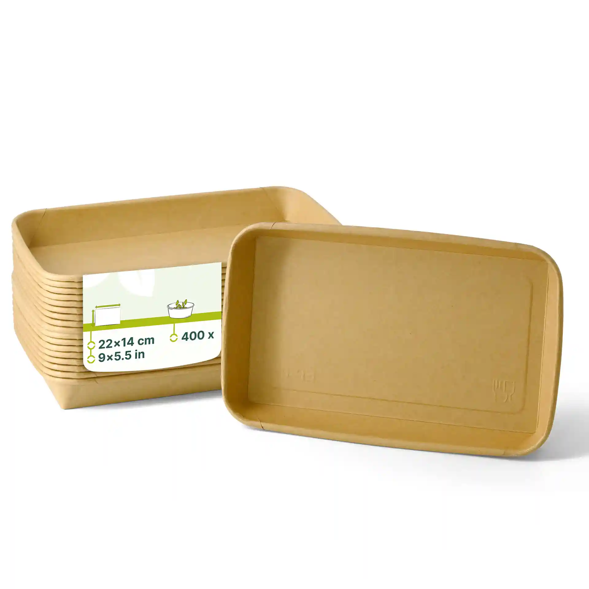 Braune Sushi-Boxen mit den Maßen 22 x 14 cm, gestapelt, eine Box leicht geneigt, um das Innere zu zeigen.