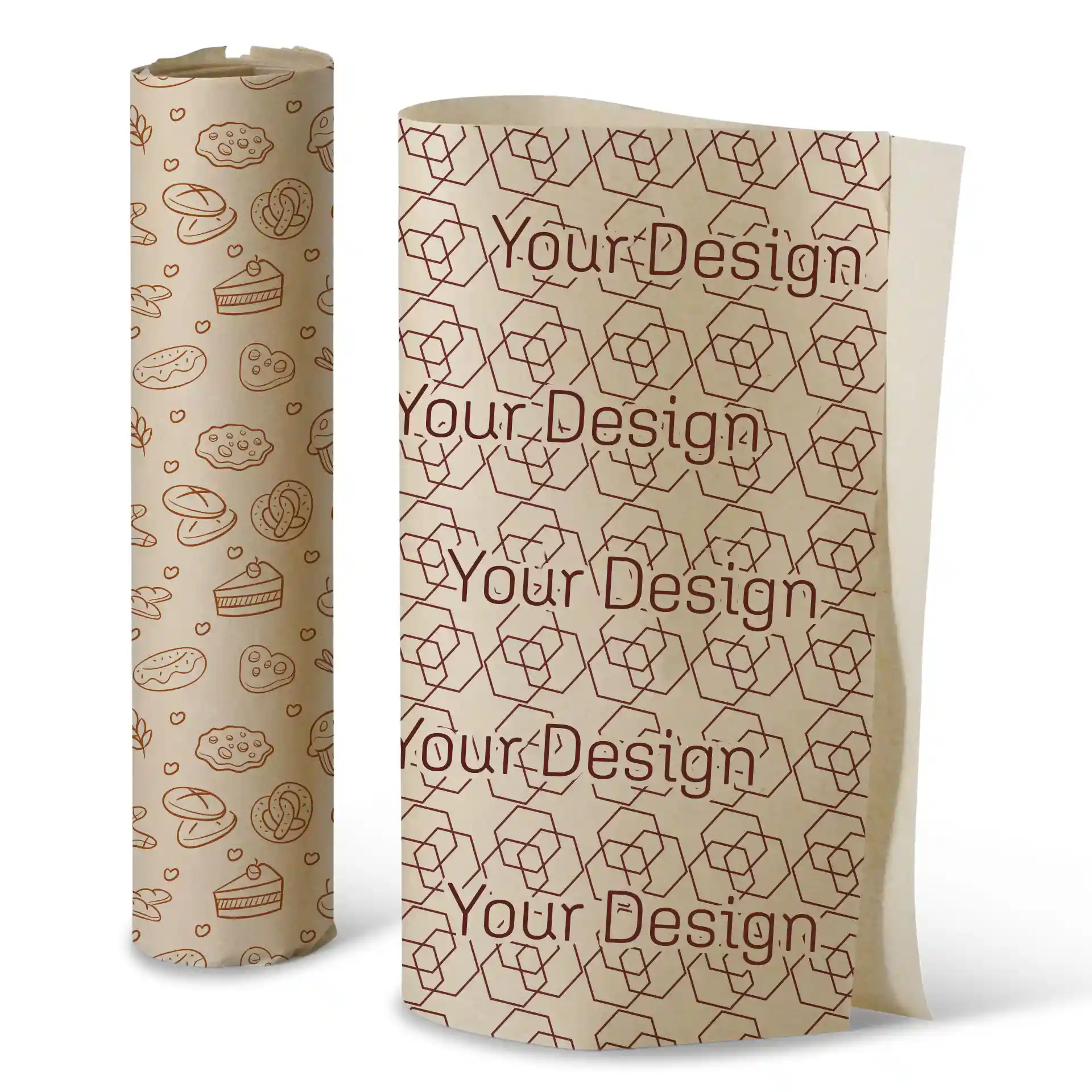 Papier cadeau imprimé avec un fond marron, présentant diverses illustrations de desserts et un design répétitif.