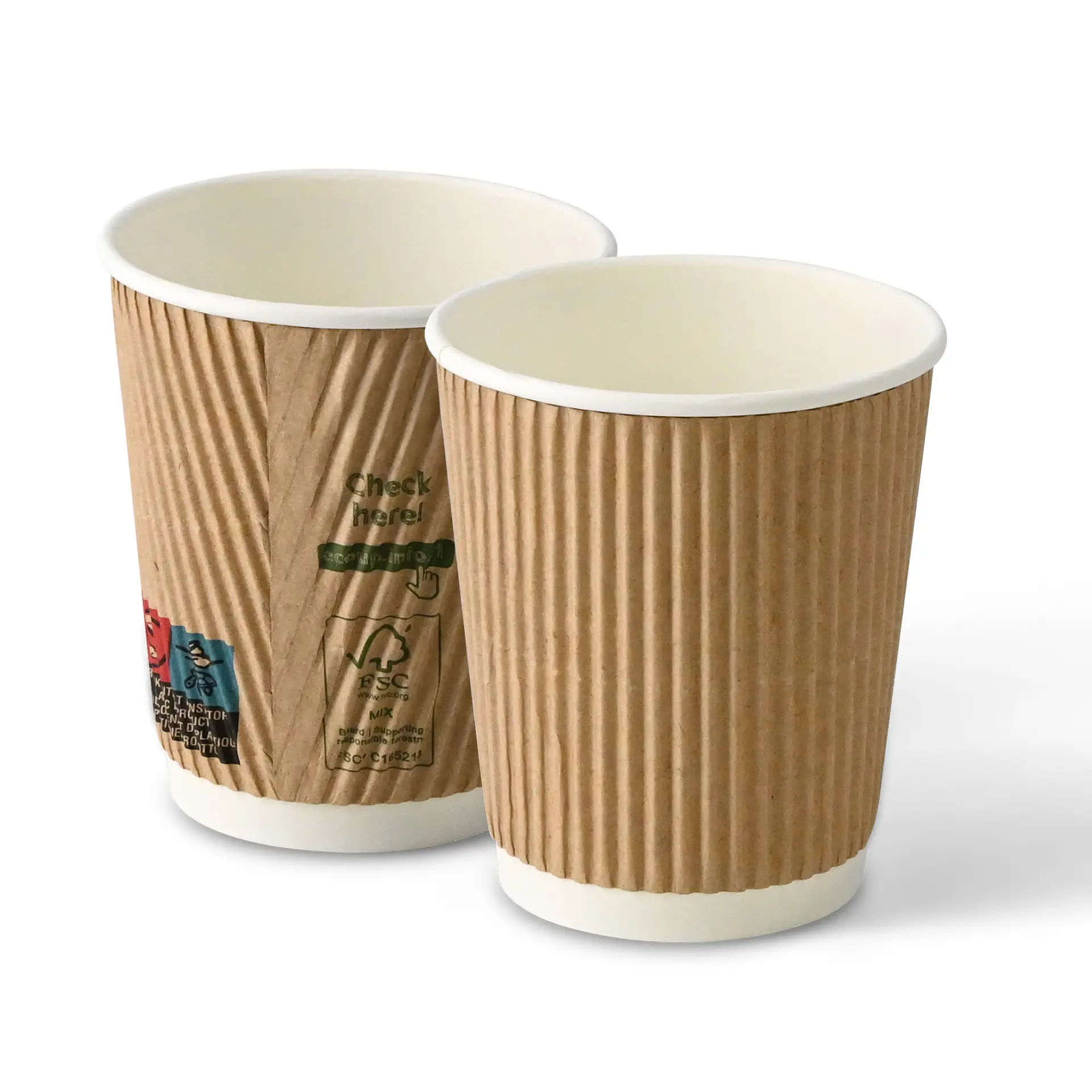 Riffelbecher / Coffee to go Becher 200 ml / 8 oz, Ø 80 mm, braun / innen weiss, PLA-beschichtet