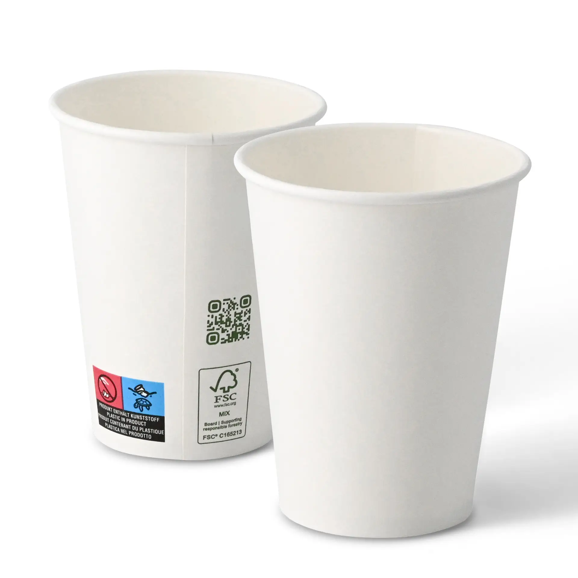 Bicchieri bianchi, capacità di 300 ml, a parete singola, con un diametro di 90 mm, mostrati da diverse angolazioni.