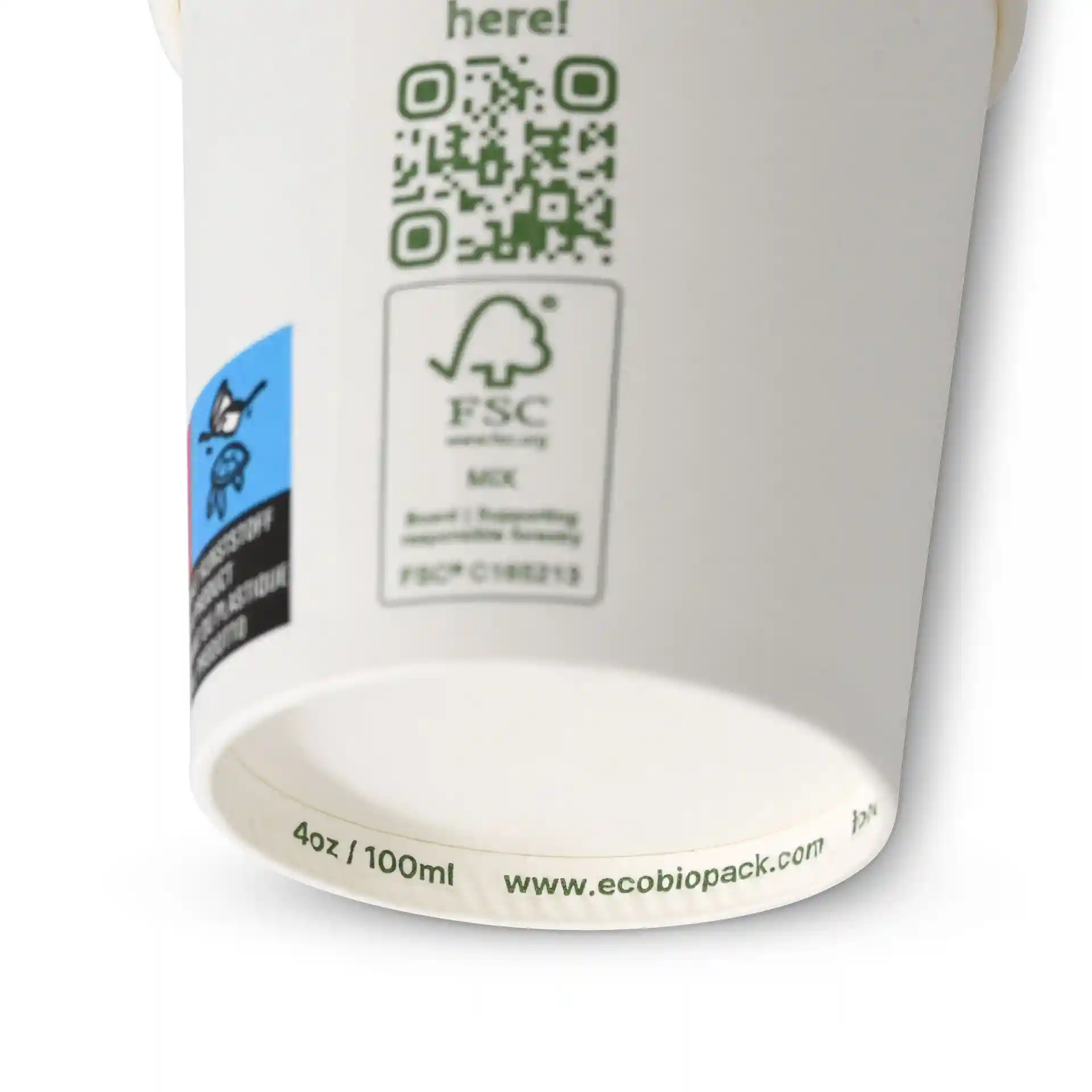 Gobelet en carton 100 ml / 4 oz, Ø 62 mm, simple paroi, blanc, revêtu de PLA