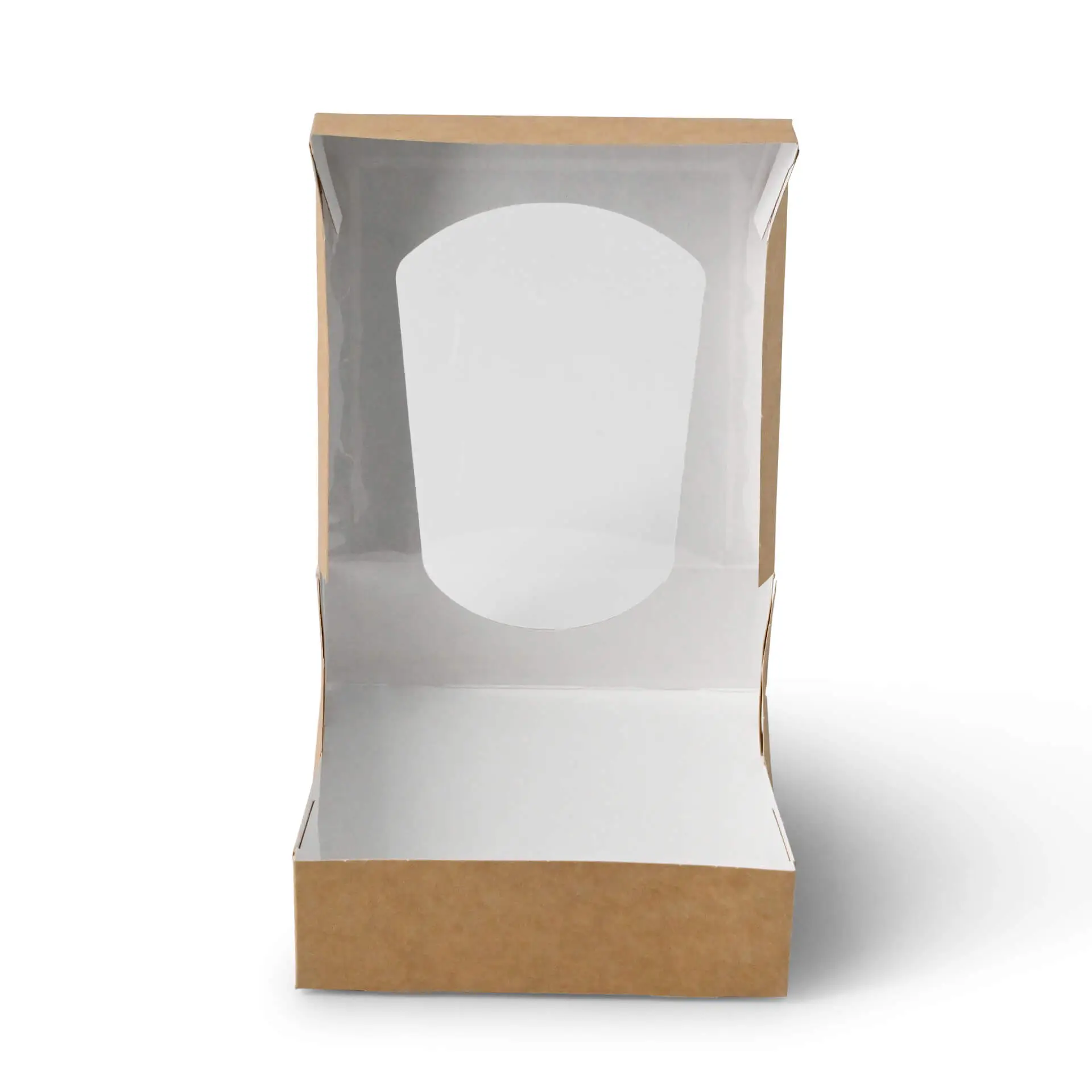 Faltschachteln mit Sichtfenster 12 x 12 x 4 cm, 600 ml, Zellulose-Fenster, aussen braun, innen weiss, faltbar
