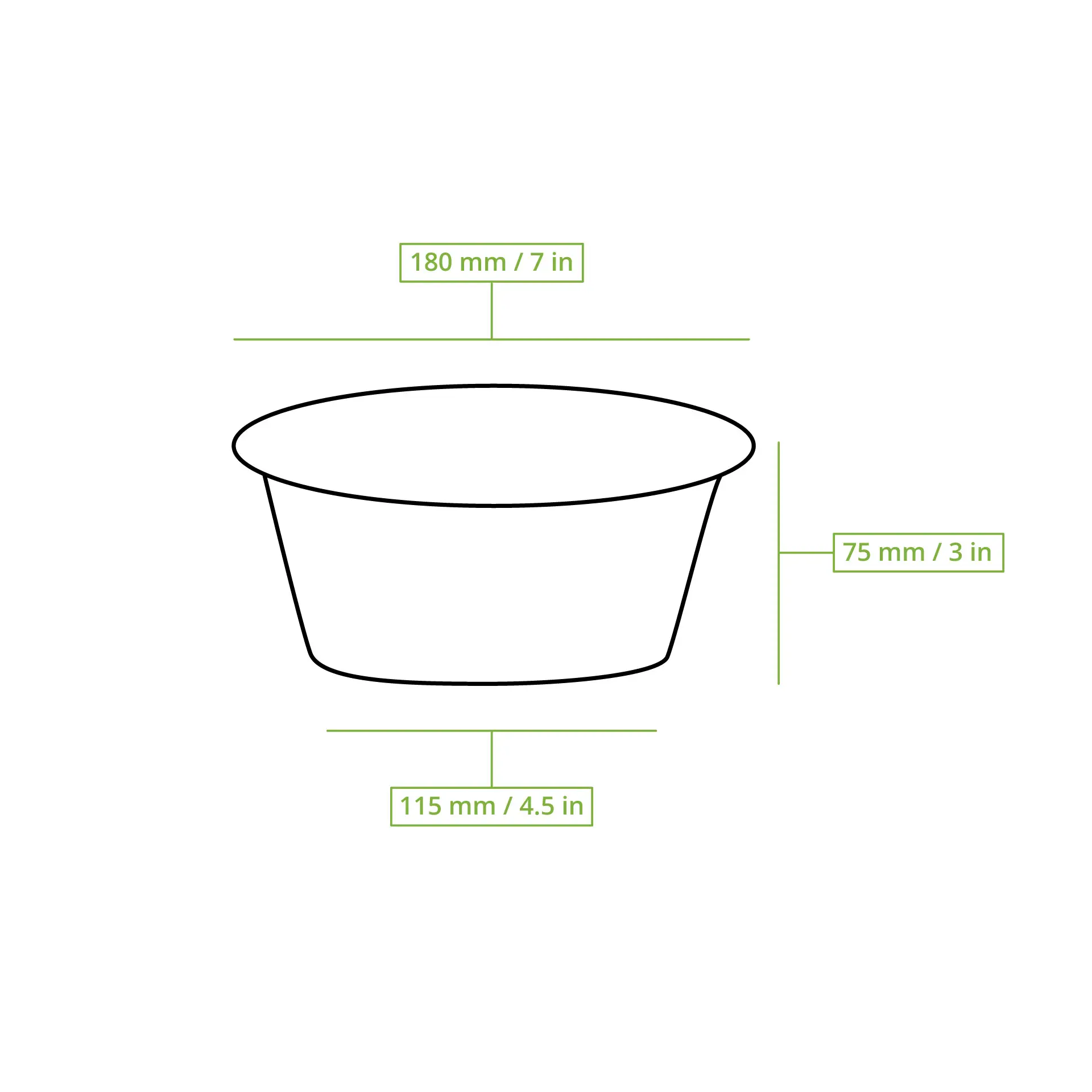 Conteneur alimentaire noir réutilisable ; dimensions 180 mm de diamètre, 75 mm de hauteur, 115 mm de base ; convient aux plats chauds et froids, passe au micro-ondes et au lave-vaisselle.