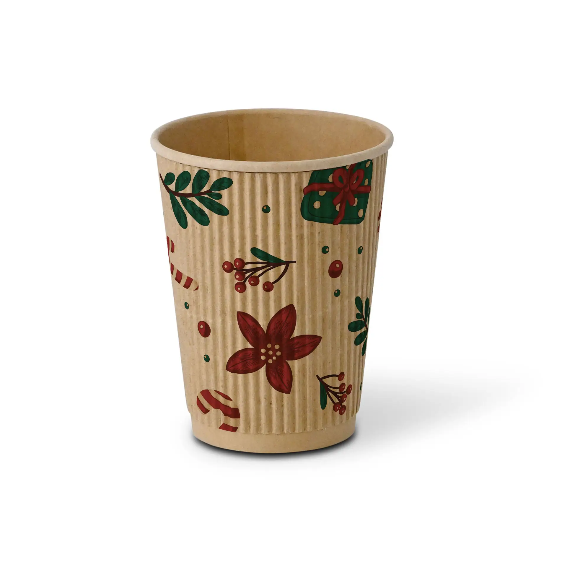 Brauner Wellenbecher mit Winterdesign, roten Blumen, grünen Blättern und Zuckerstangen, 300 ml Fassungsvermögen.