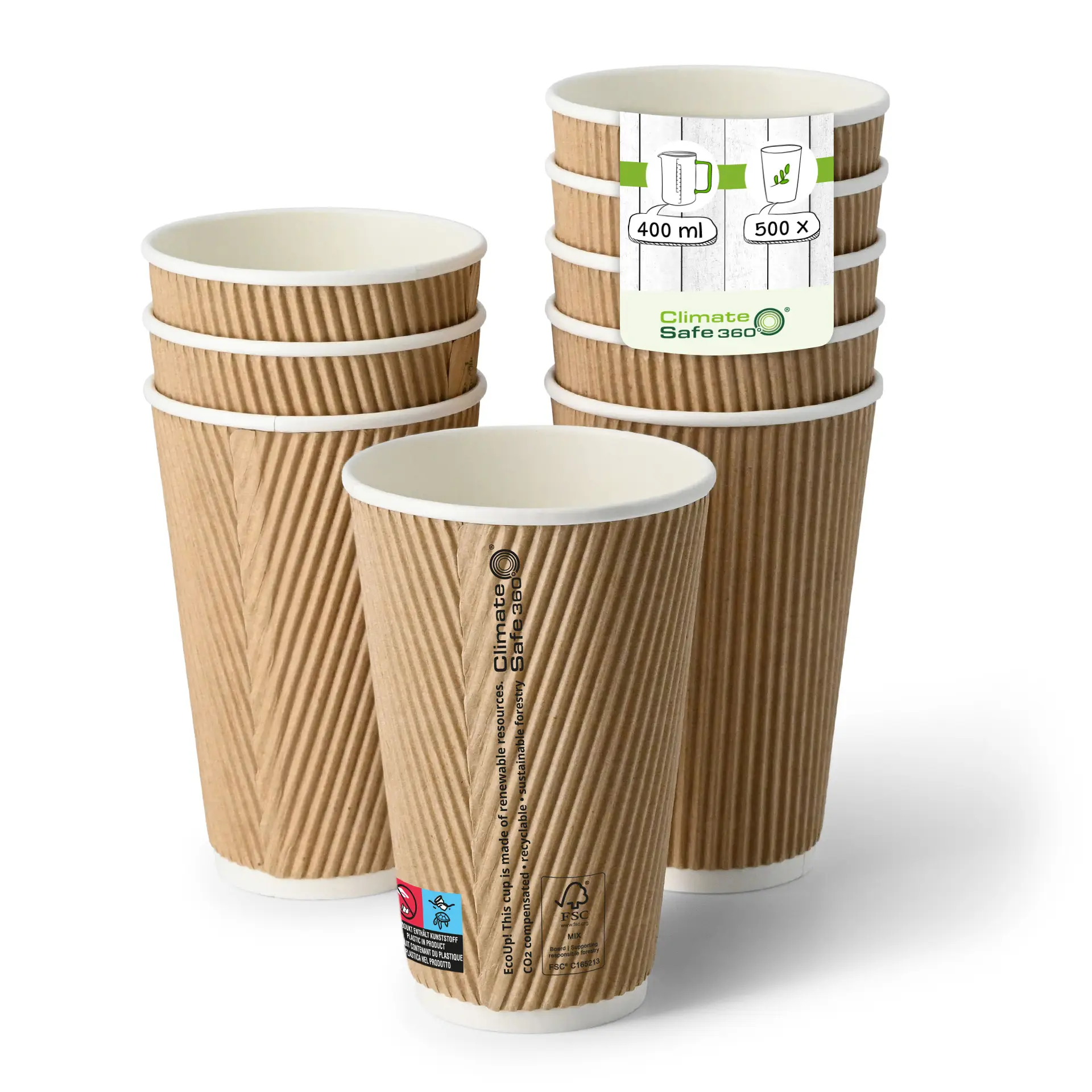 Gobelet en carton ondulé à emporter (revêtu de PE) 40 cl / 8 oz, Ø 90 mm, brun, intérieur blanc con10027-01-0-riffelbecher-beschichtet-coffee-to-go-becher-400-ml-16-oz-90-mm-braun-innen-weiss