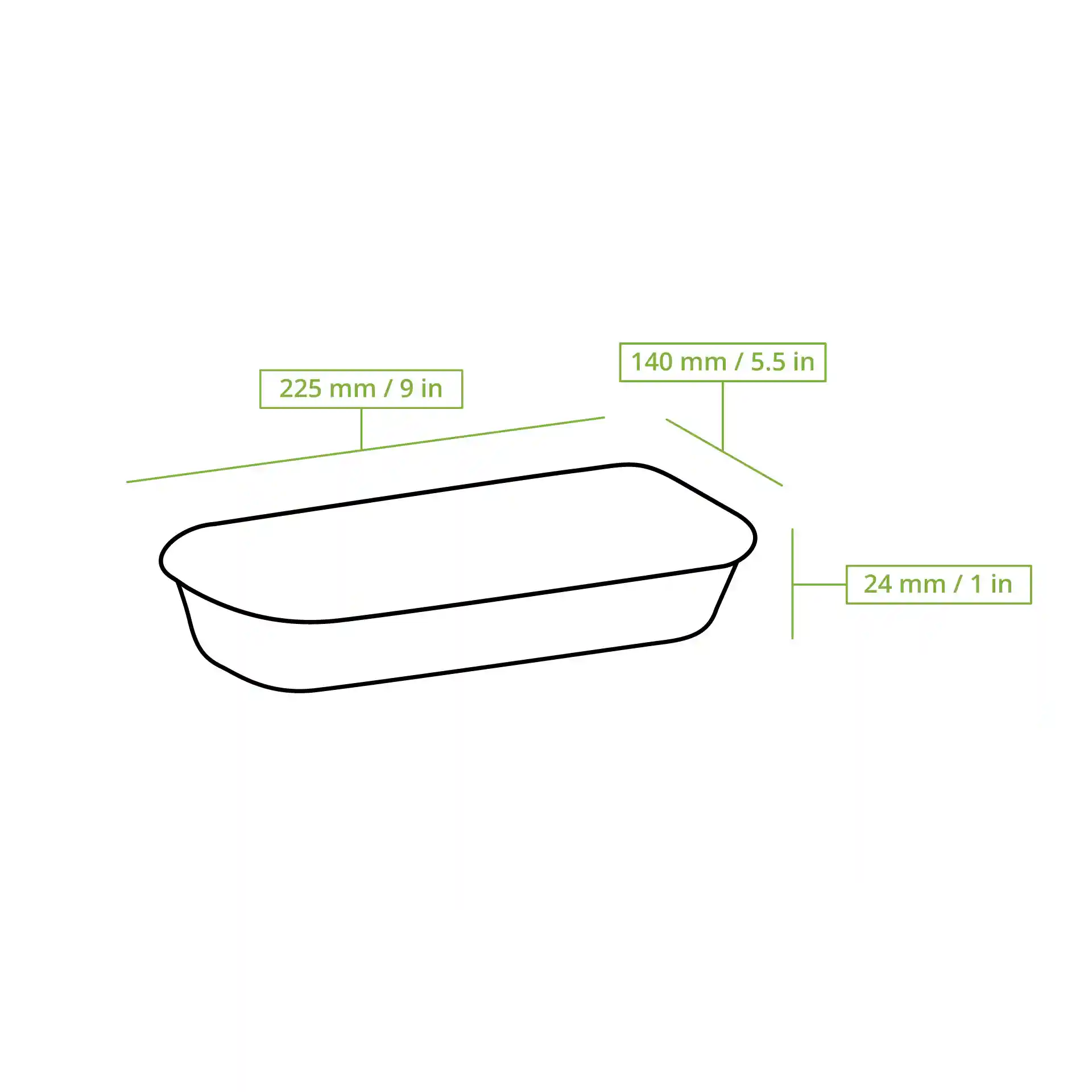 Schematische Zeichnung einer rechteckigen Sushi-Box mit den Maßen: 225 mm Länge, 140 mm Breite und 24 mm Höhe.
