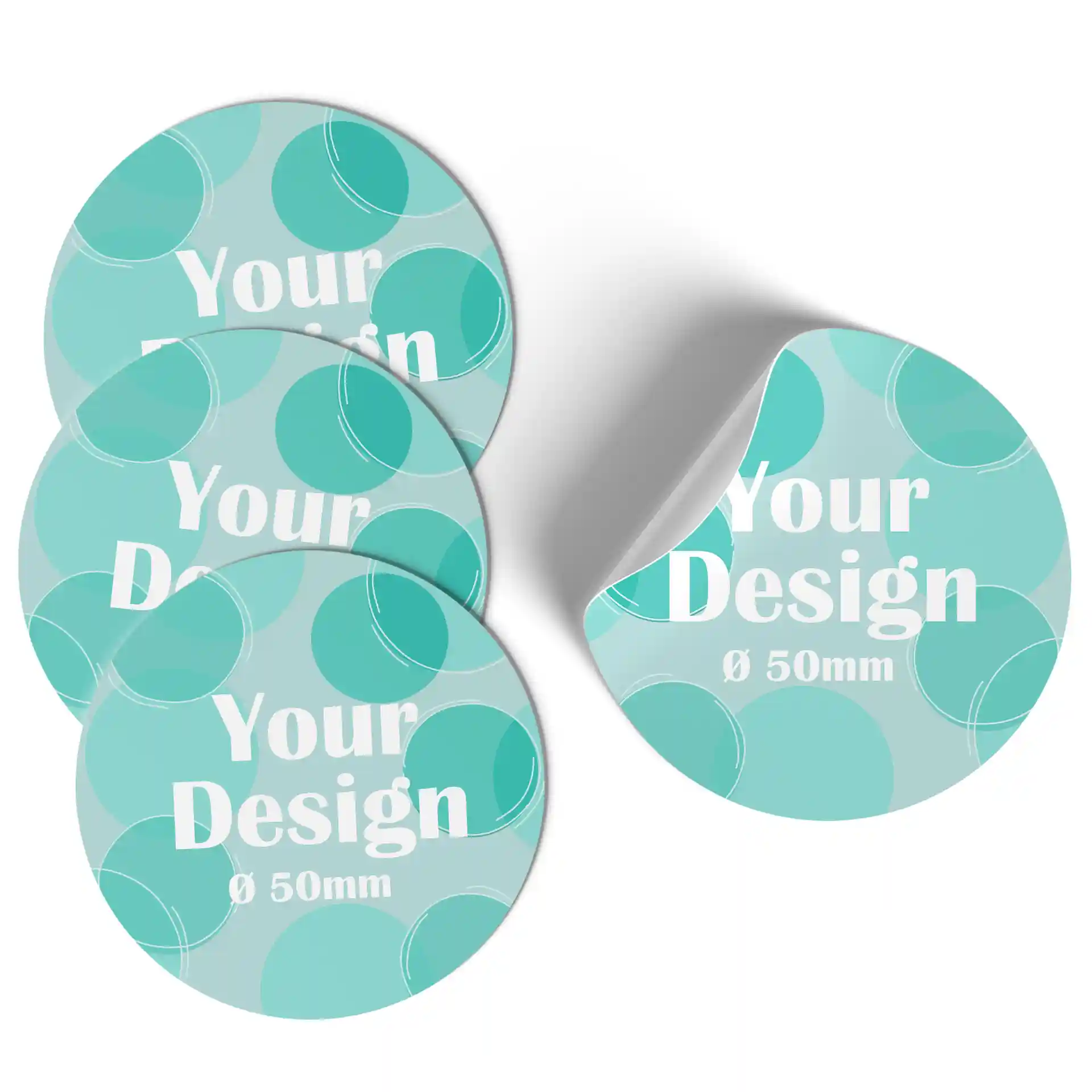 Quatre étiquettes rondes avec un design turquoise et un texte blanc, chacune mesurant 50 mm de diamètre.