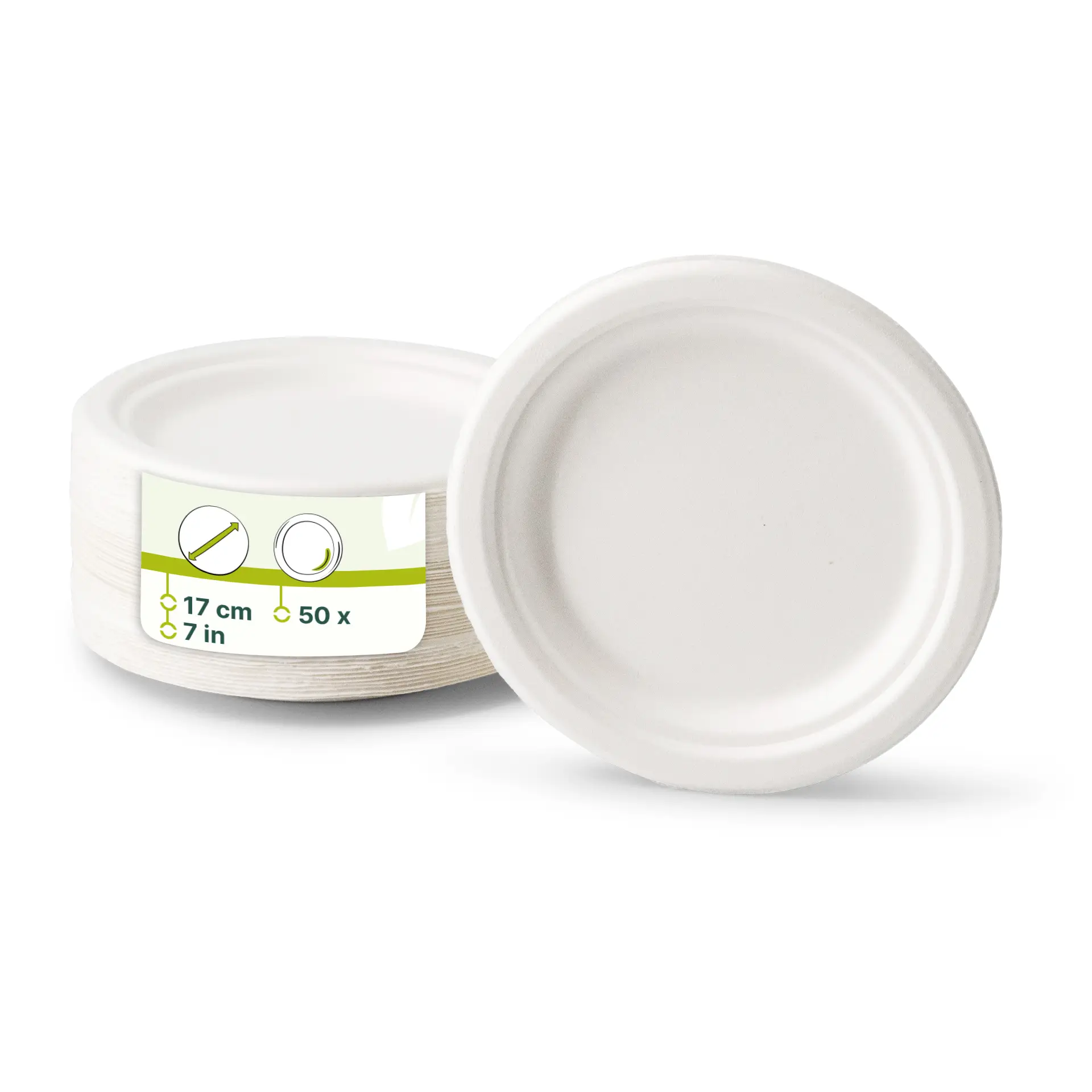 Runde biologisch abbaubare Zuckerrohrplatten mit 17 cm Durchmesser, Stapel von mehreren sichtbar mit einem Etikett.