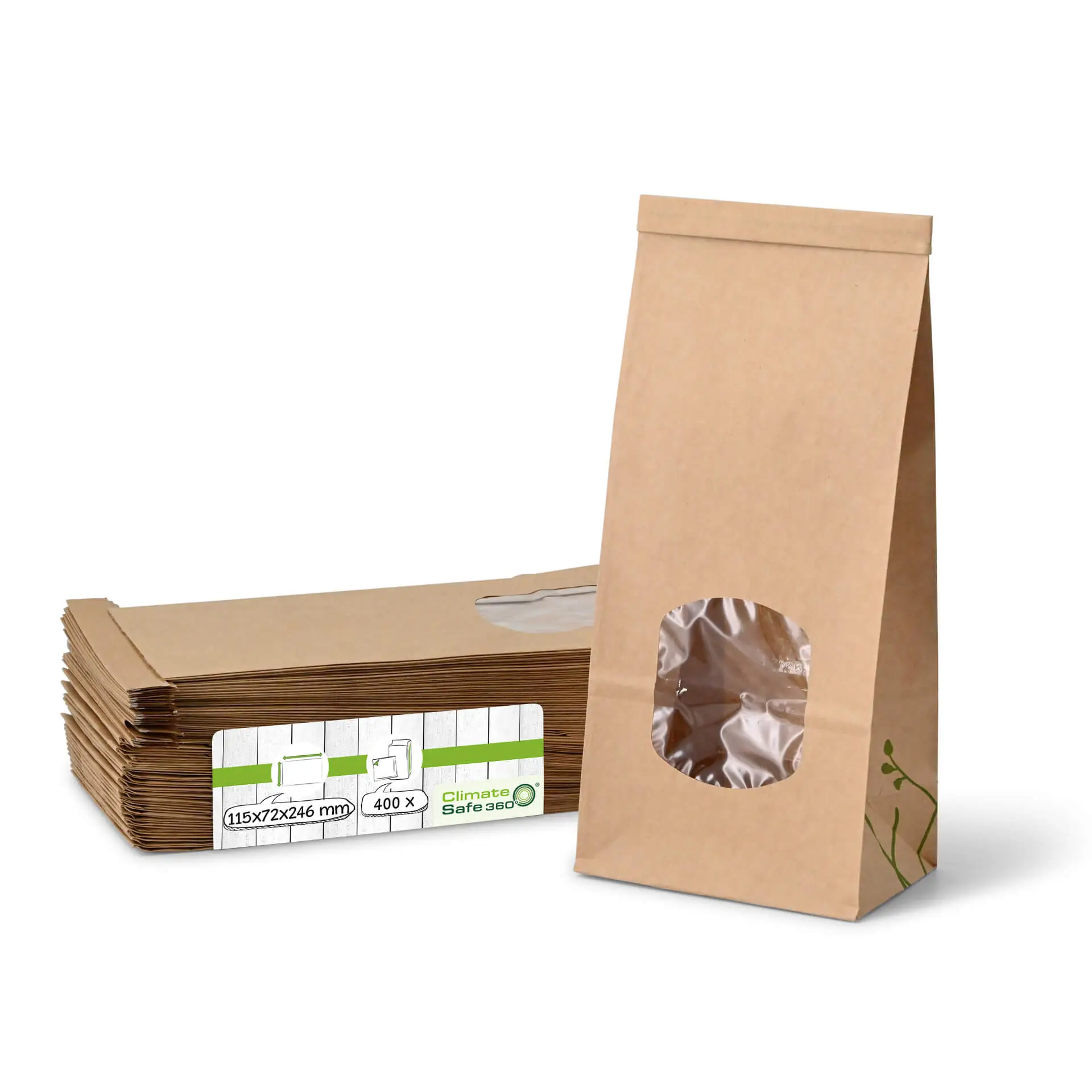 Sac SOS kraft brun M, fenêtre PLA et fermeture, 11,5 x 7,2 x 24,6 cm
