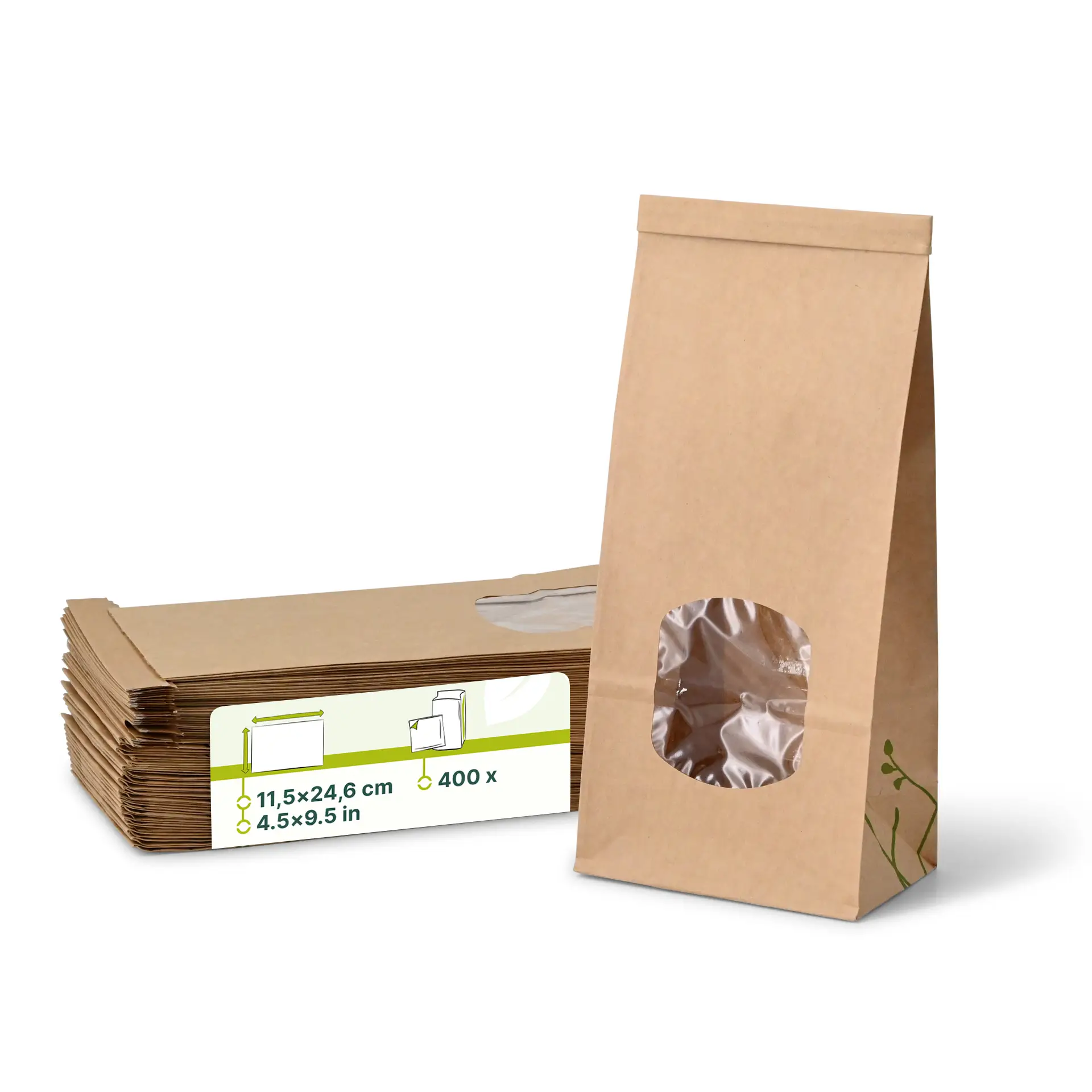 Sac SOS kraft brun M, fenêtre PLA et fermeture, 11,5 x 7,2 x 24,6 cm dre02780-blockbeutel-m-fenster-m-115-x-72-x-246-cm-pla-folie-braun-clipband-kraftpapier