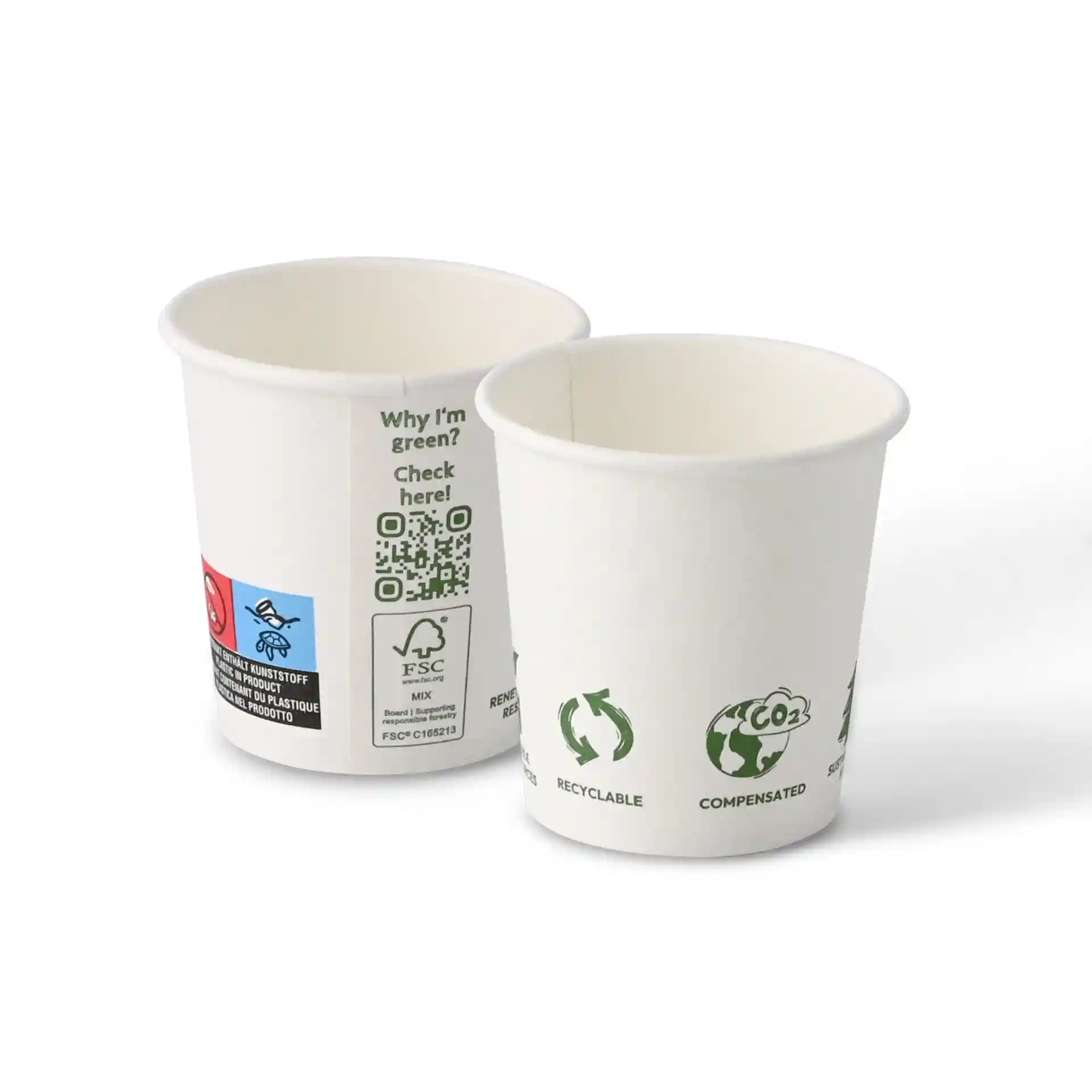 Gobelet en carton 100 ml / 4 oz, Ø 62 mm, avec pictogrammes "EcoUp©", simple paroi, blanc, revêtement en PLA
