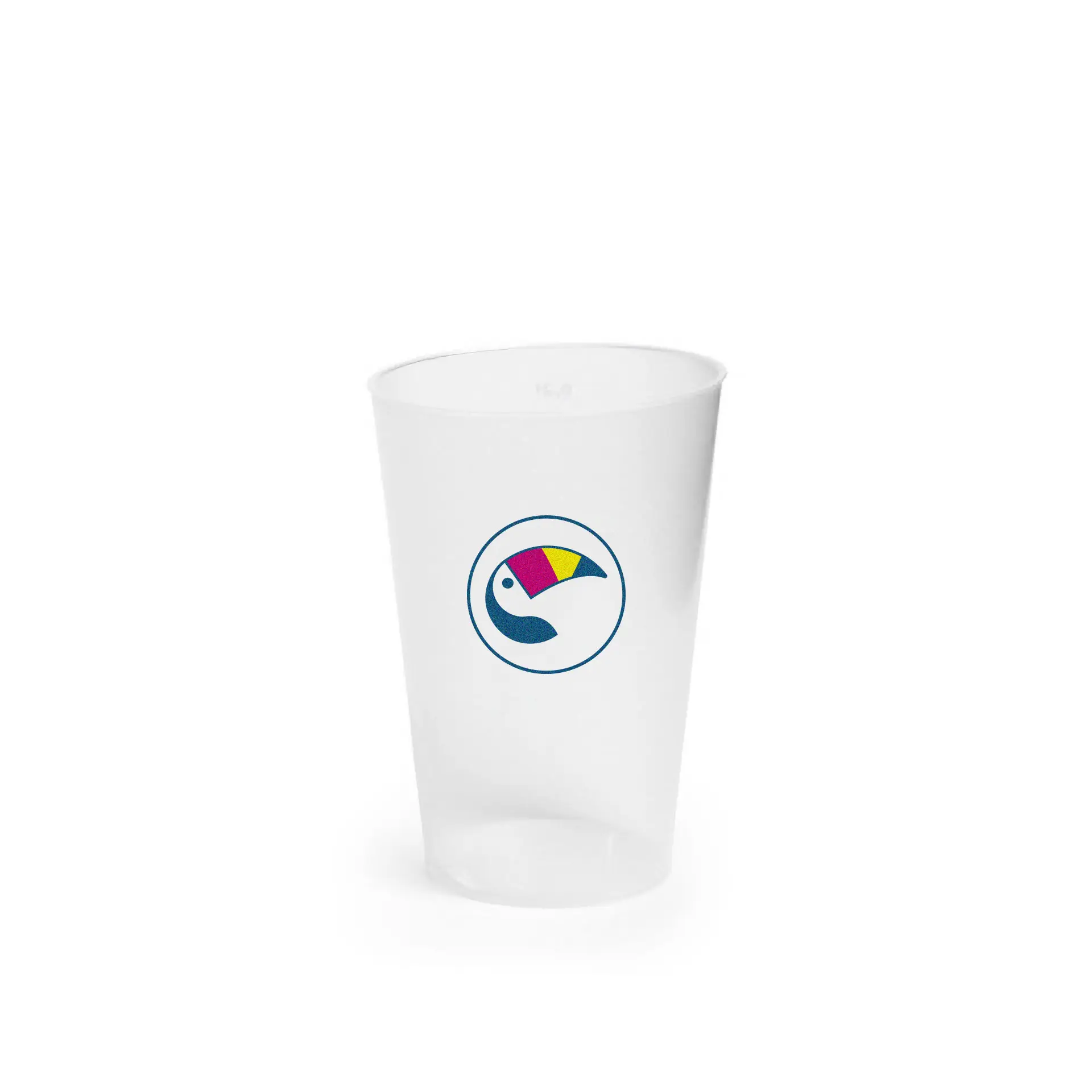 Tazza riutilizzabile da 200 ml con design del logo colorato; adatta per bevande fredde e alcoliche; realizzata in plastica PP riciclabile.