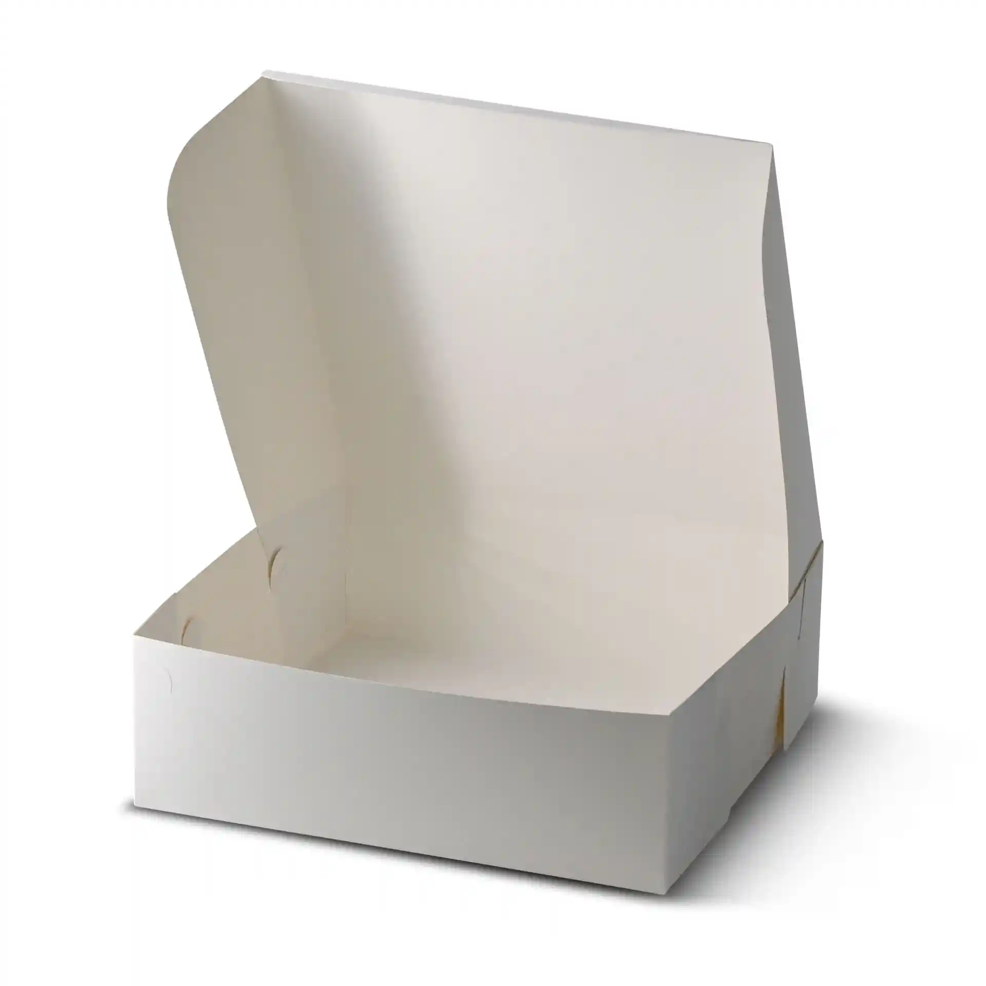 Weiße Kuchenbox mit offenem Deckel, 30,5 x 30,5 x 10 cm groß.