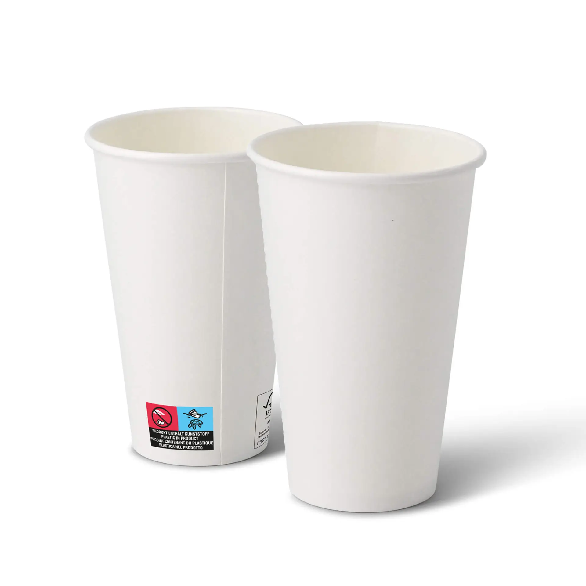 Deux gobelets en papier blancs de forme ronde, montrant l'intérieur et l'extérieur, avec une étiquette sur un gobelet.