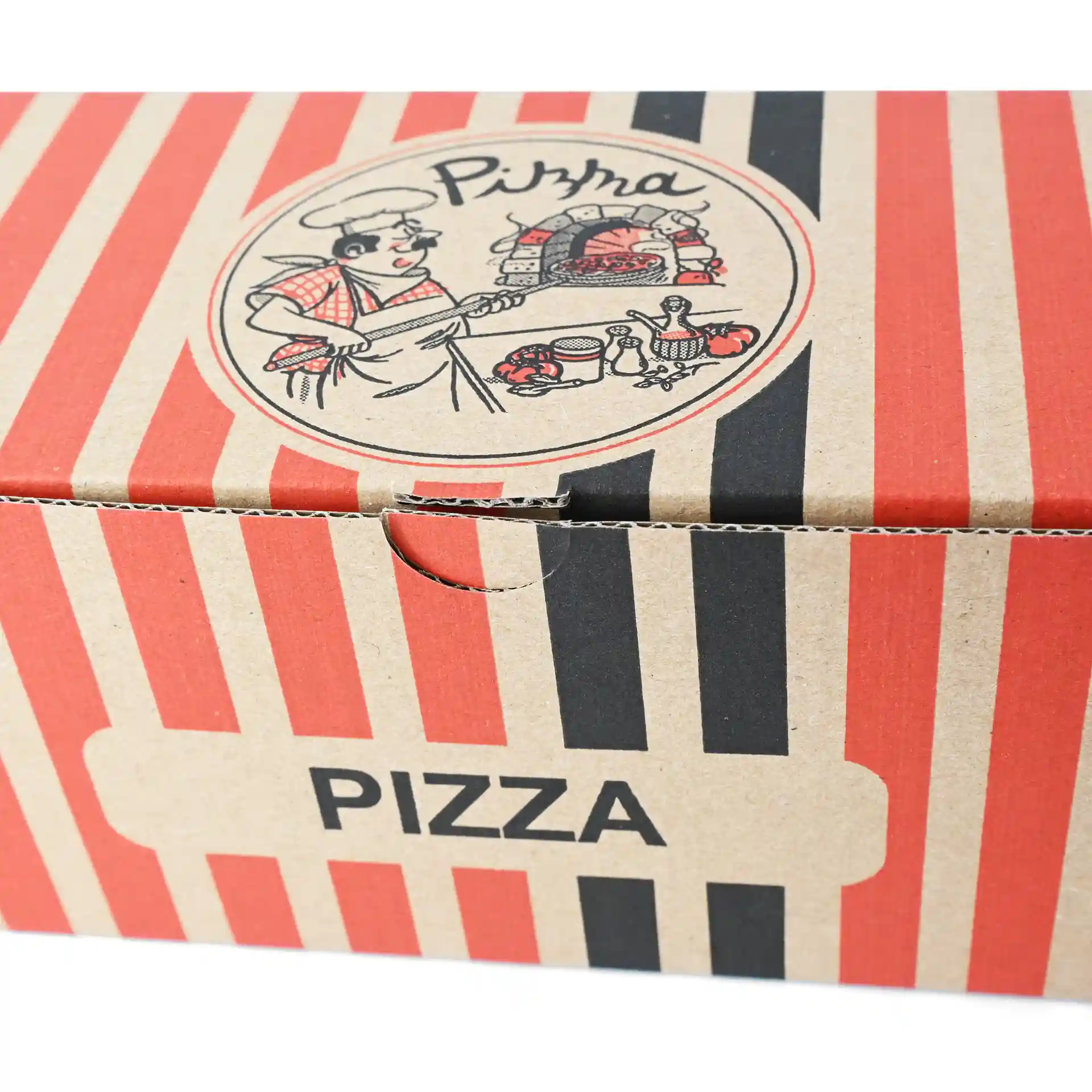 Pizzaschachtel mit einem Pizzakoch-Design, rote und schwarze Streifen, Maße 7 x 8 x 28 cm.
