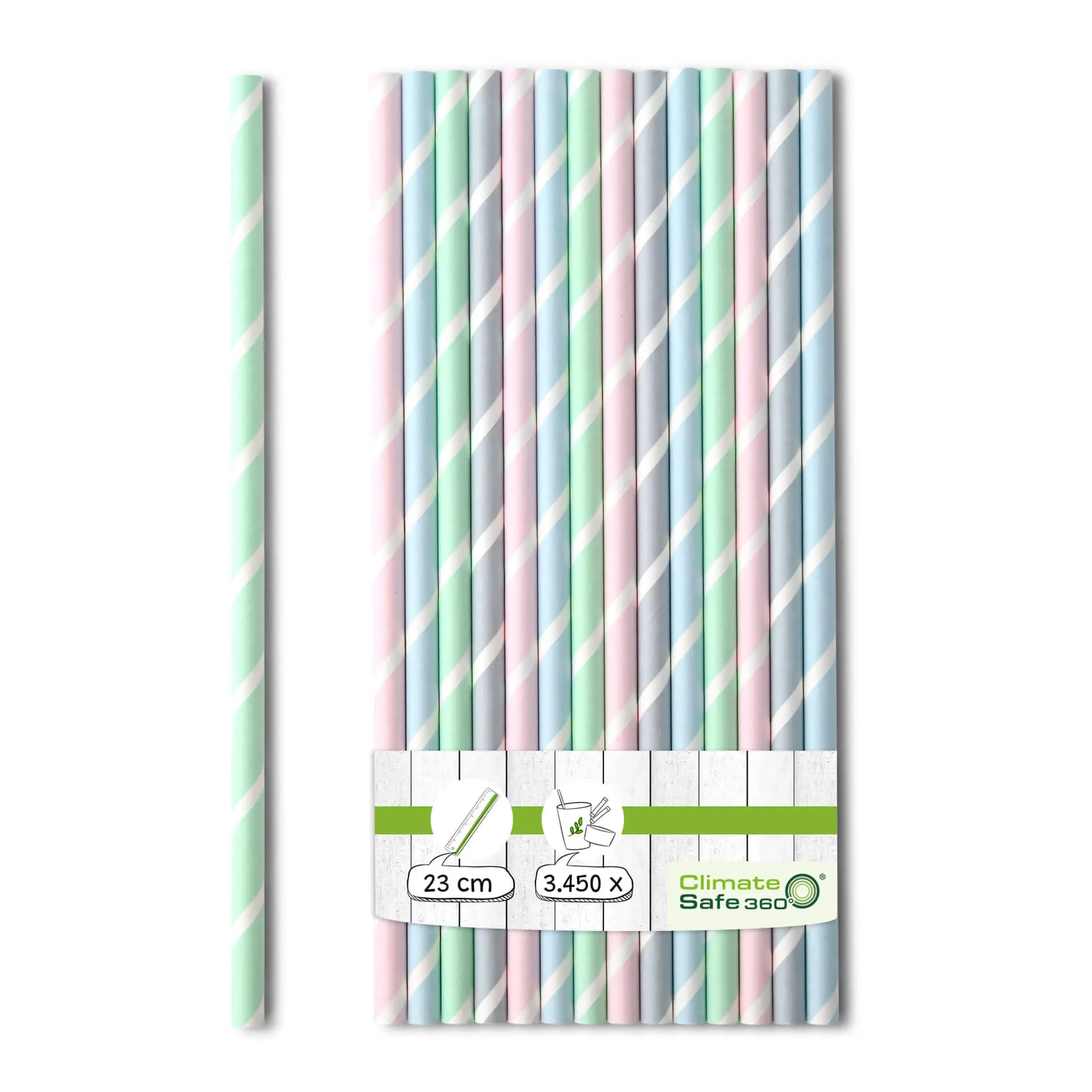 Paille Jumbo en papier 23 cm, Ø 0,8 cm, rayée pastel