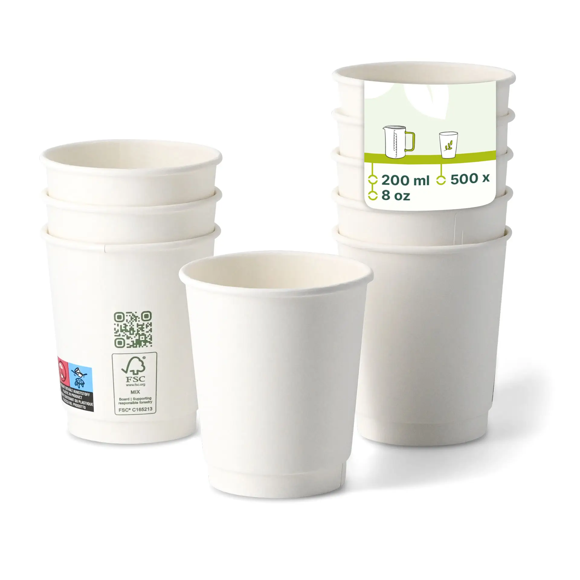 Kaffee to go Becher, 200 ml / 8 oz, Ø 80 mm, doppelwandig, weiss, PLA-beschichtet