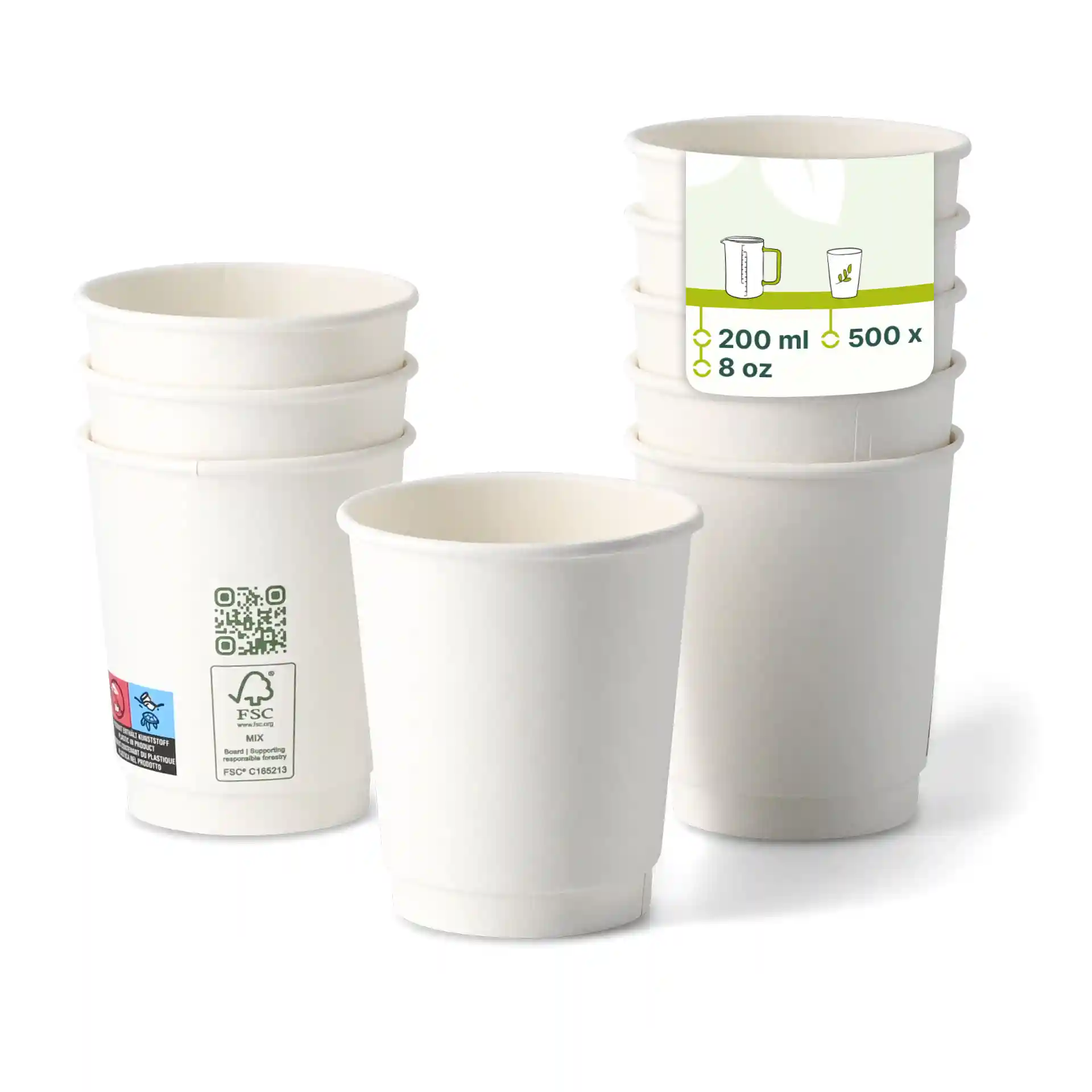 Kaffee to go Becher, 200 ml / 8 oz, Ø 80 mm, doppelwandig, weiss, PLA-beschichtet
