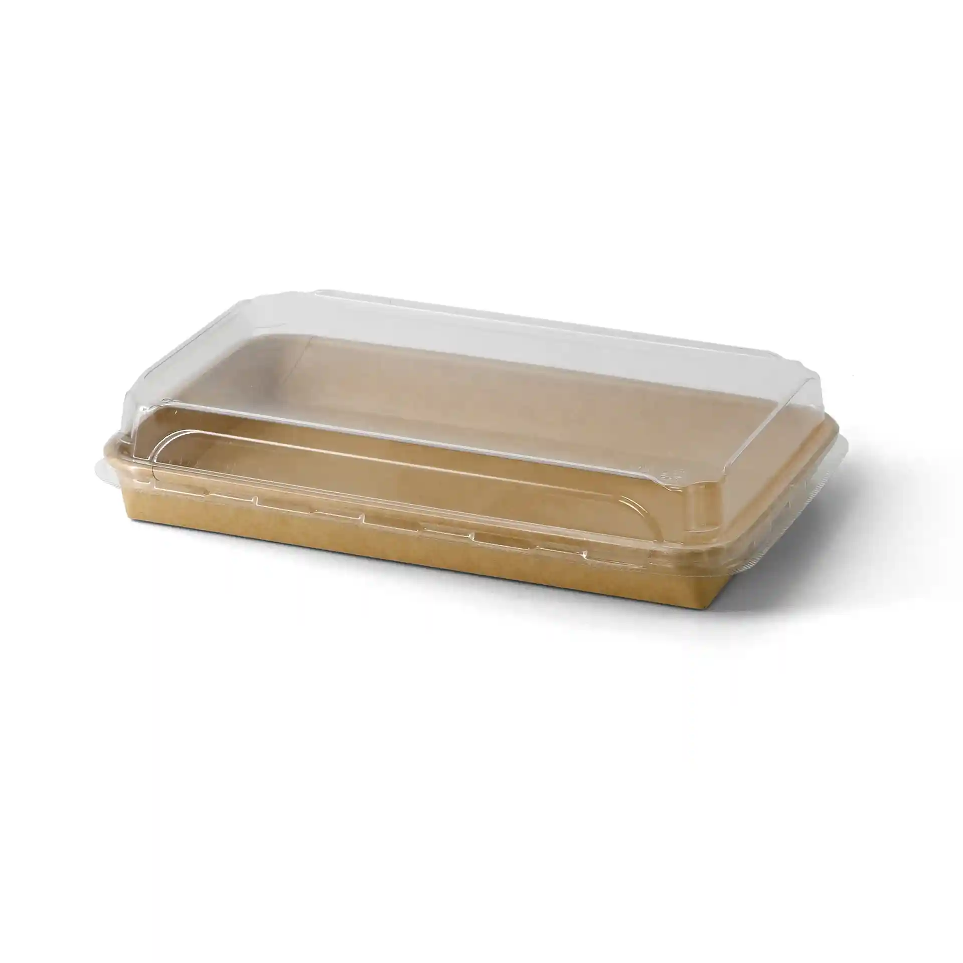 Braune Sushi-Box mit klarem Deckel, 24 x 15 x 3 cm, aus PE-beschichtetem Material.