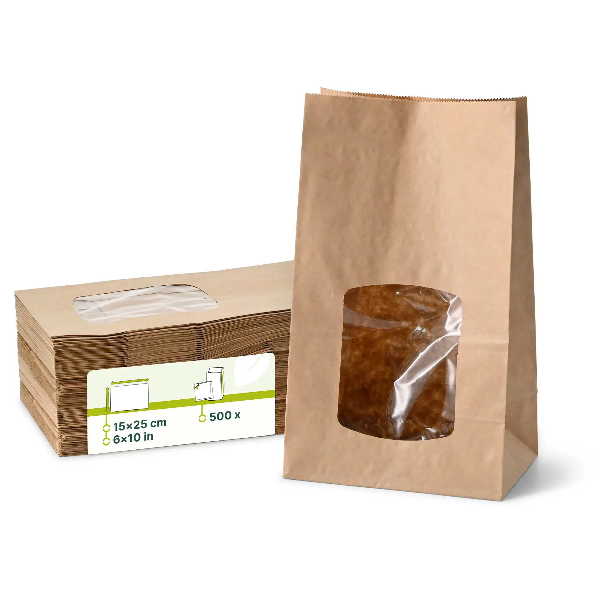Sac SOS kraft brun L avec fenêtre PLA, 15 x 10 x 25 cm dre03961-blockbeutel-m-pla-fenster-l-15-x-10-x-25-cm-braun-kraftpapier