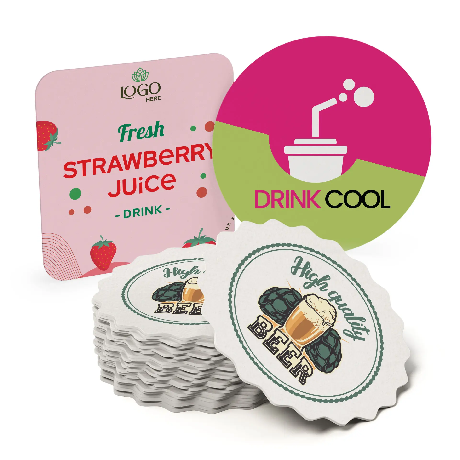 Image de sous-verres à bière imprimés, y compris un sous-verre rond avec "Drink Cool" et des sous-verres empilés avec un design "Bière de Haute Qualité".