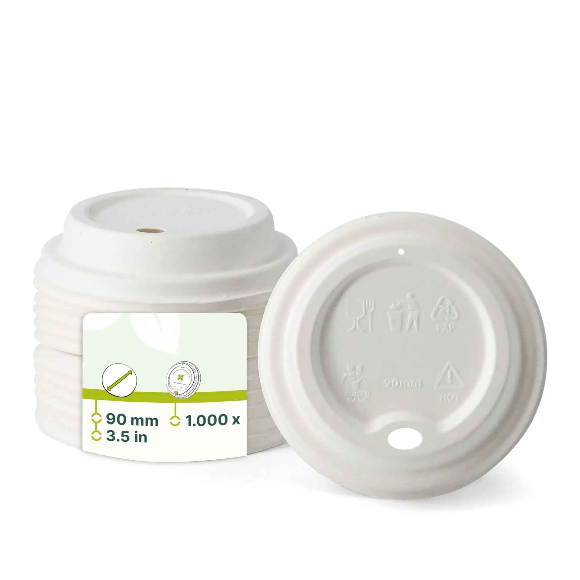 Couvercles en canne à sucre blanche pour gobelets en papier, 90 mm de diamètre, adaptés aux boissons chaudes et froides, empilés en groupe.