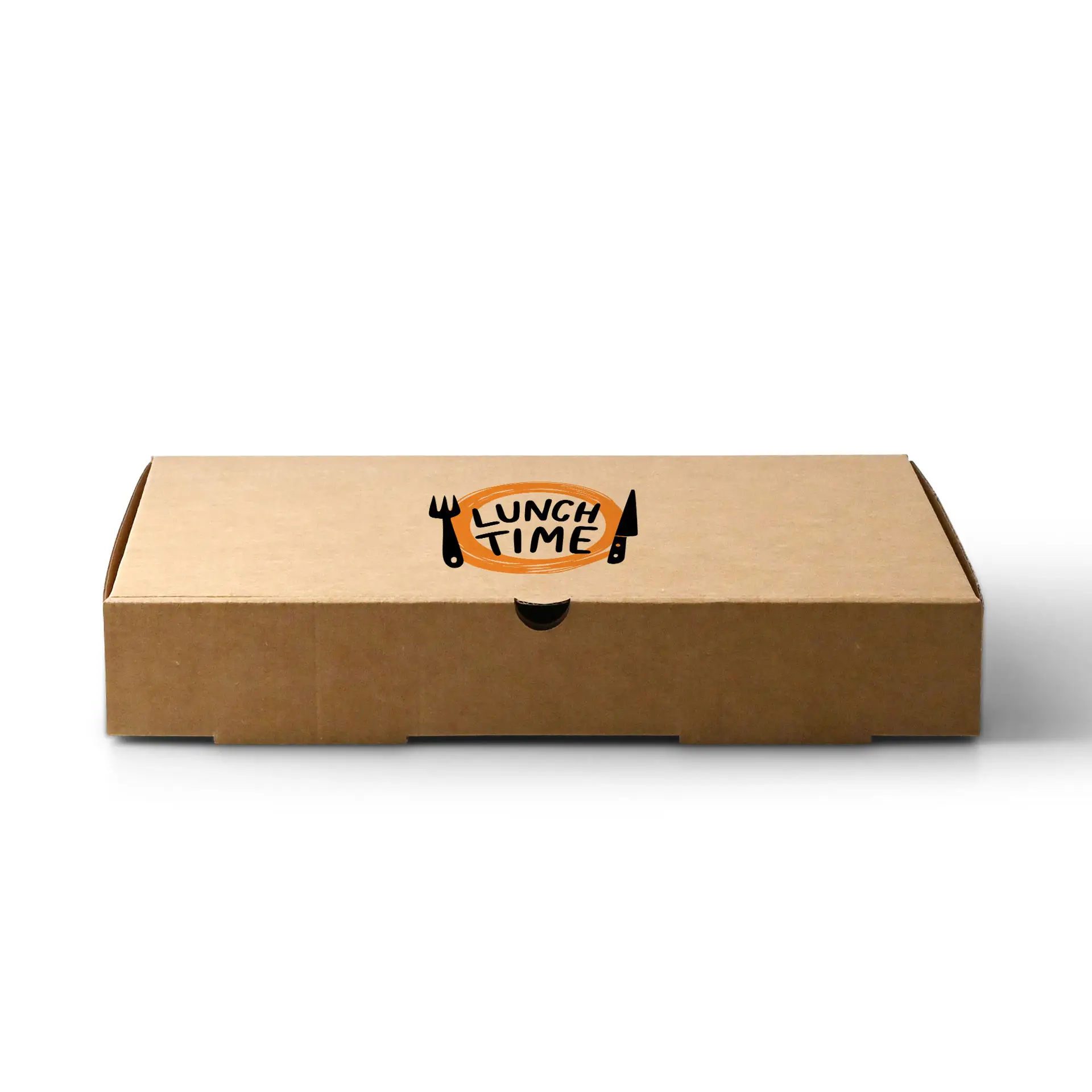 Scatola per pizza marrone con un design circolare "LUNCH TIME" e grafica di posate sopra. Dimensioni: 28 x 28 x 4 cm.