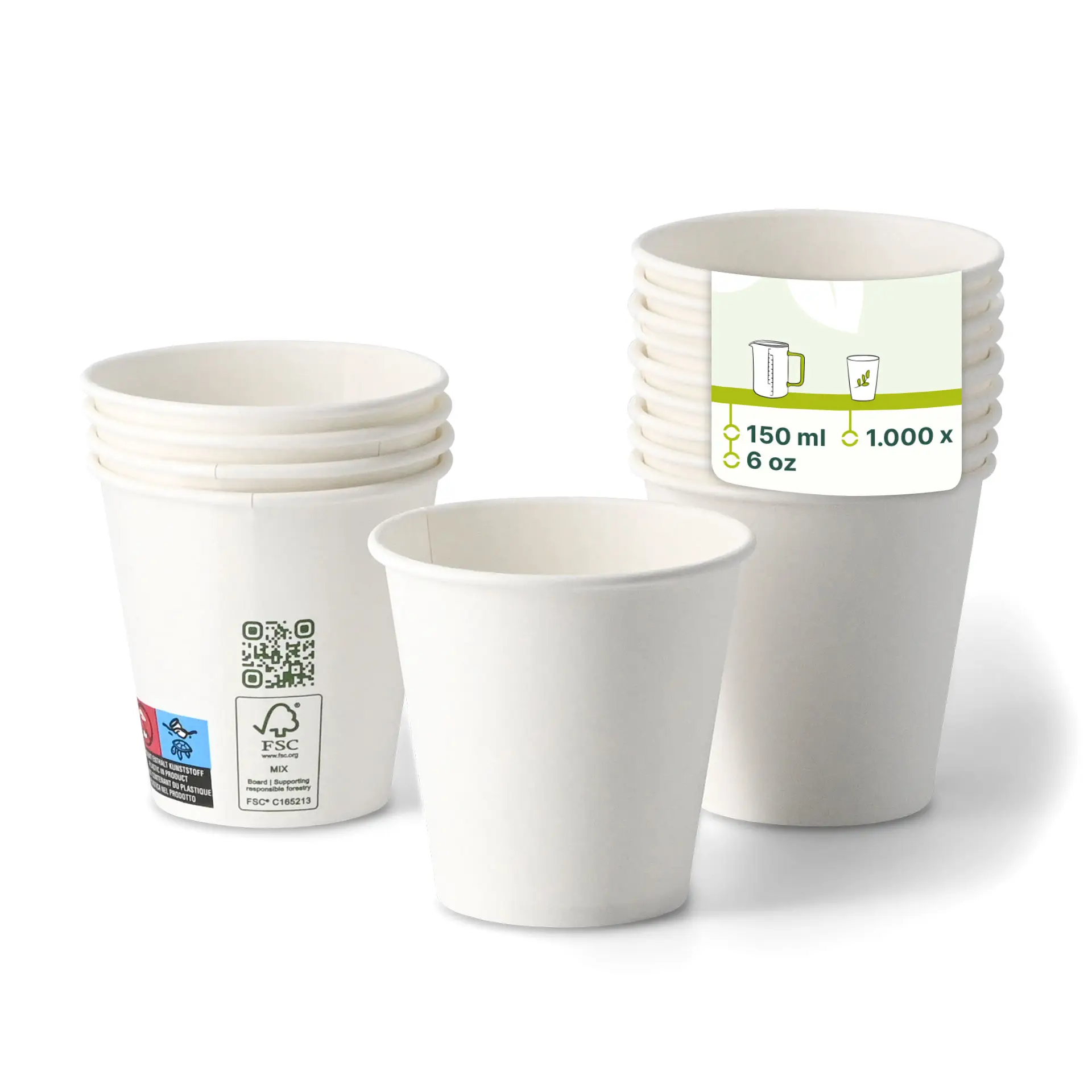 Gobelet en papier 150 ml / 6 oz, Ø 80 mm, simple paroi, blanc, revêtu de PLA
