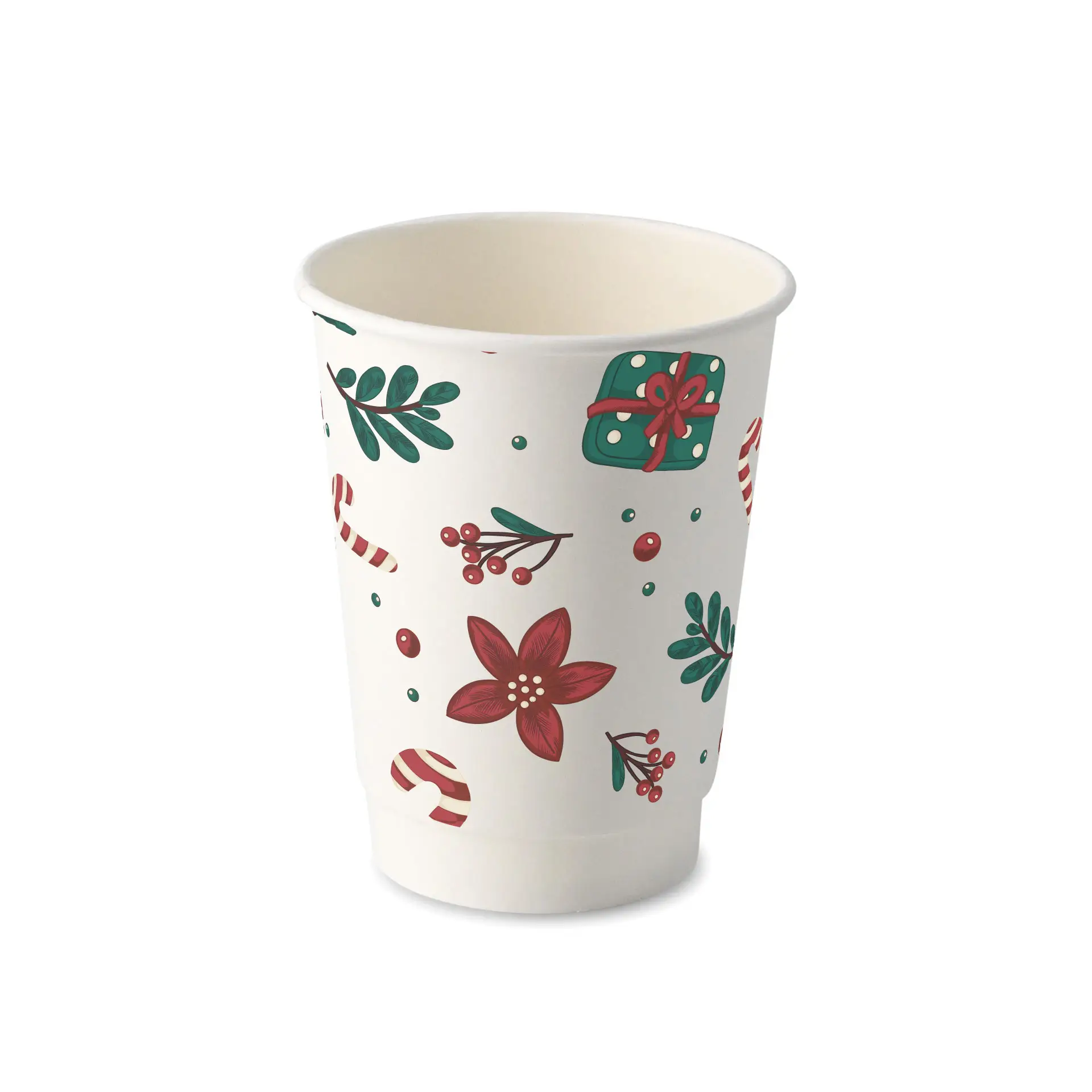 Weißer doppelwandiger Becher mit winterlichem Design, das Blumen, Geschenke und Zuckerstangen zeigt.