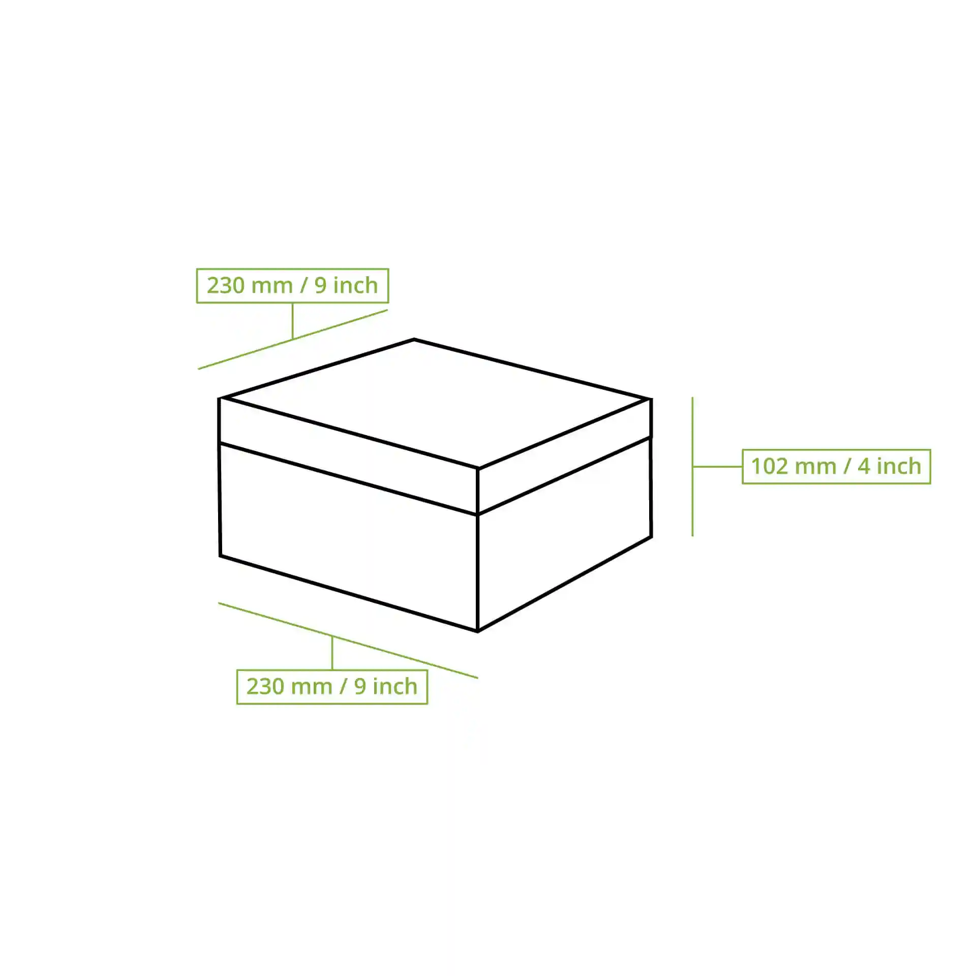 Schematische Zeichnung einer rechteckigen Kuchenbox mit Maßen: 230 mm Länge, 230 mm Breite und 102 mm Höhe.