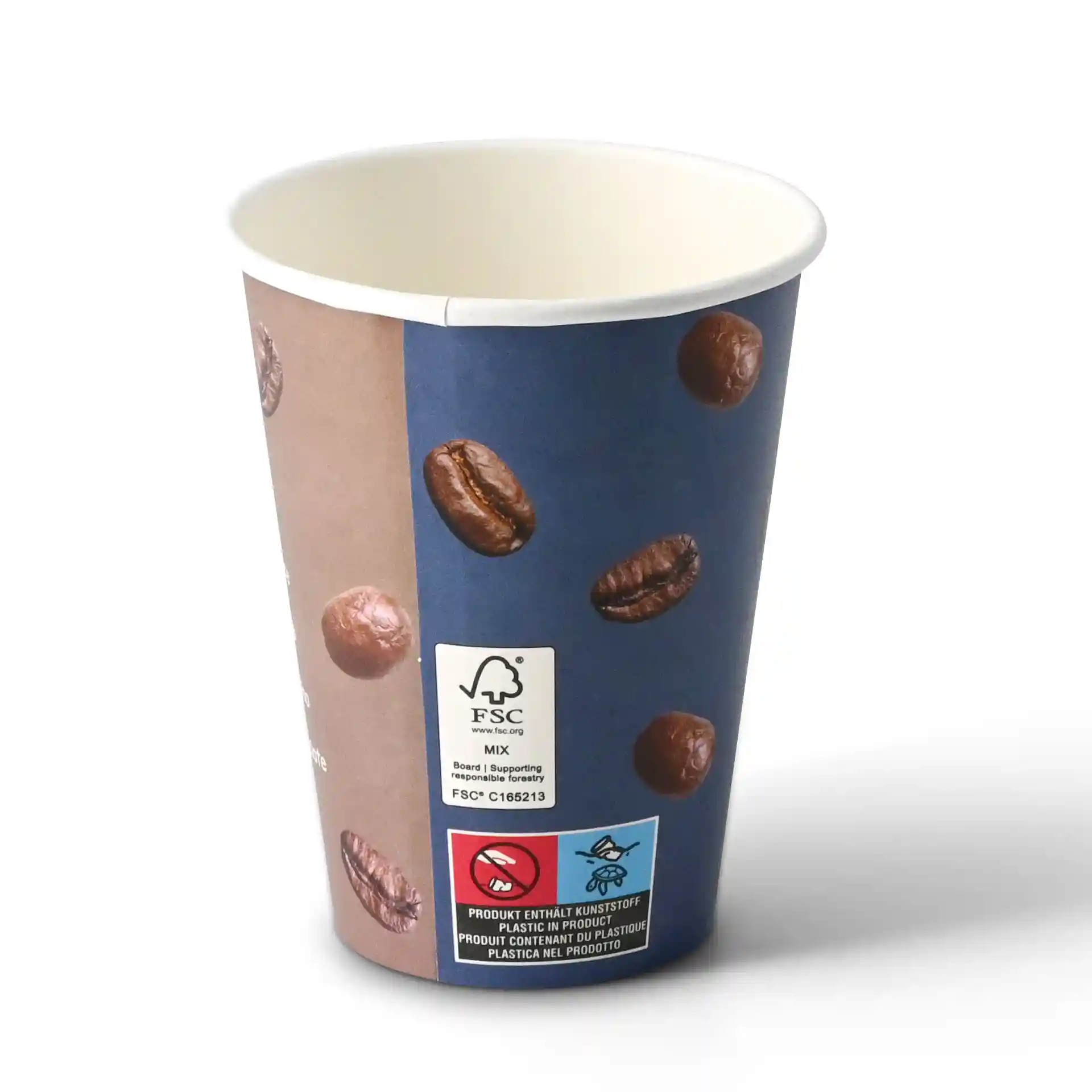 Bicchiere di carta stampato con design di chicchi di caffè, forma rotonda, capacità di 12 oz, in cartone, con etichetta di certificazione visibile.