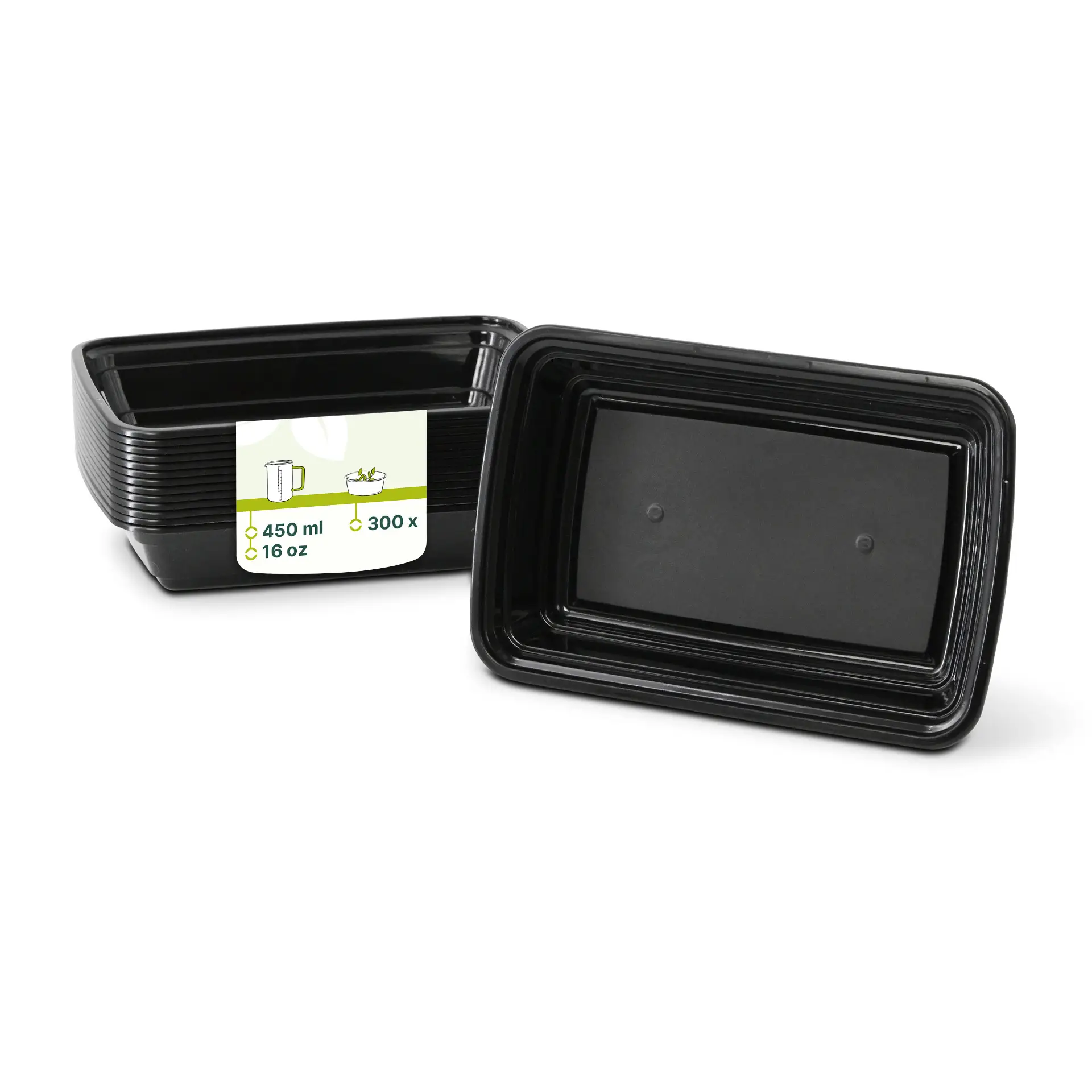 Un conteneur alimentaire réutilisable noir rectangulaire, 450 ml, avec une étiquette montrant les détails ; un autre conteneur similaire placé derrière.