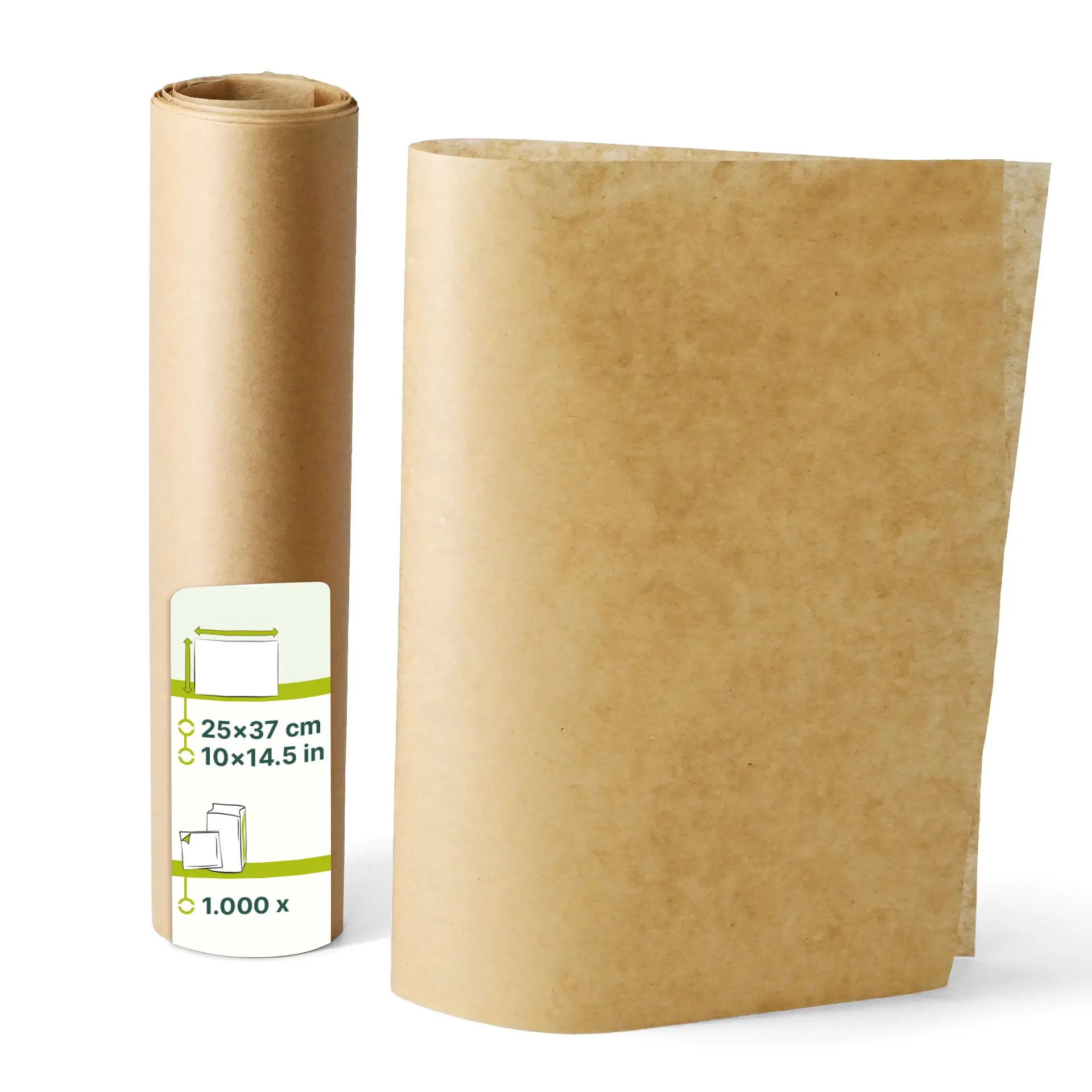 Braunes, wasserfestes Geschenkpapier, vorgefertigt auf 25 x 37 cm, gerollt und entfaltet, geeignet für warme und kalte Speisen.
