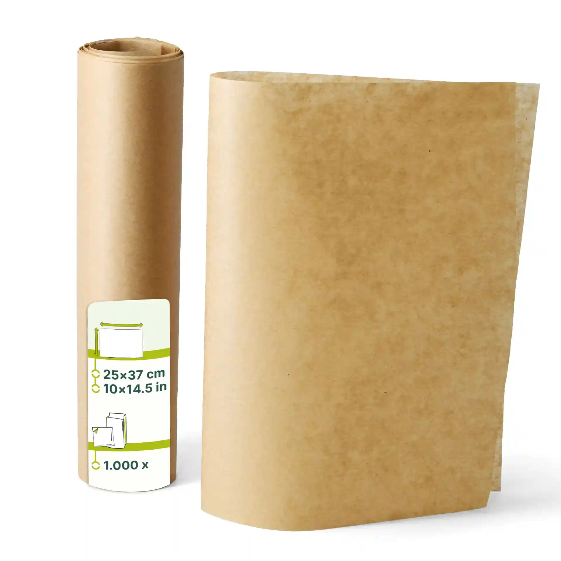 Brauner Geschenkpapier-Rollen mit teilweise abgerolltem Blatt, Maße 25 x 37 cm.